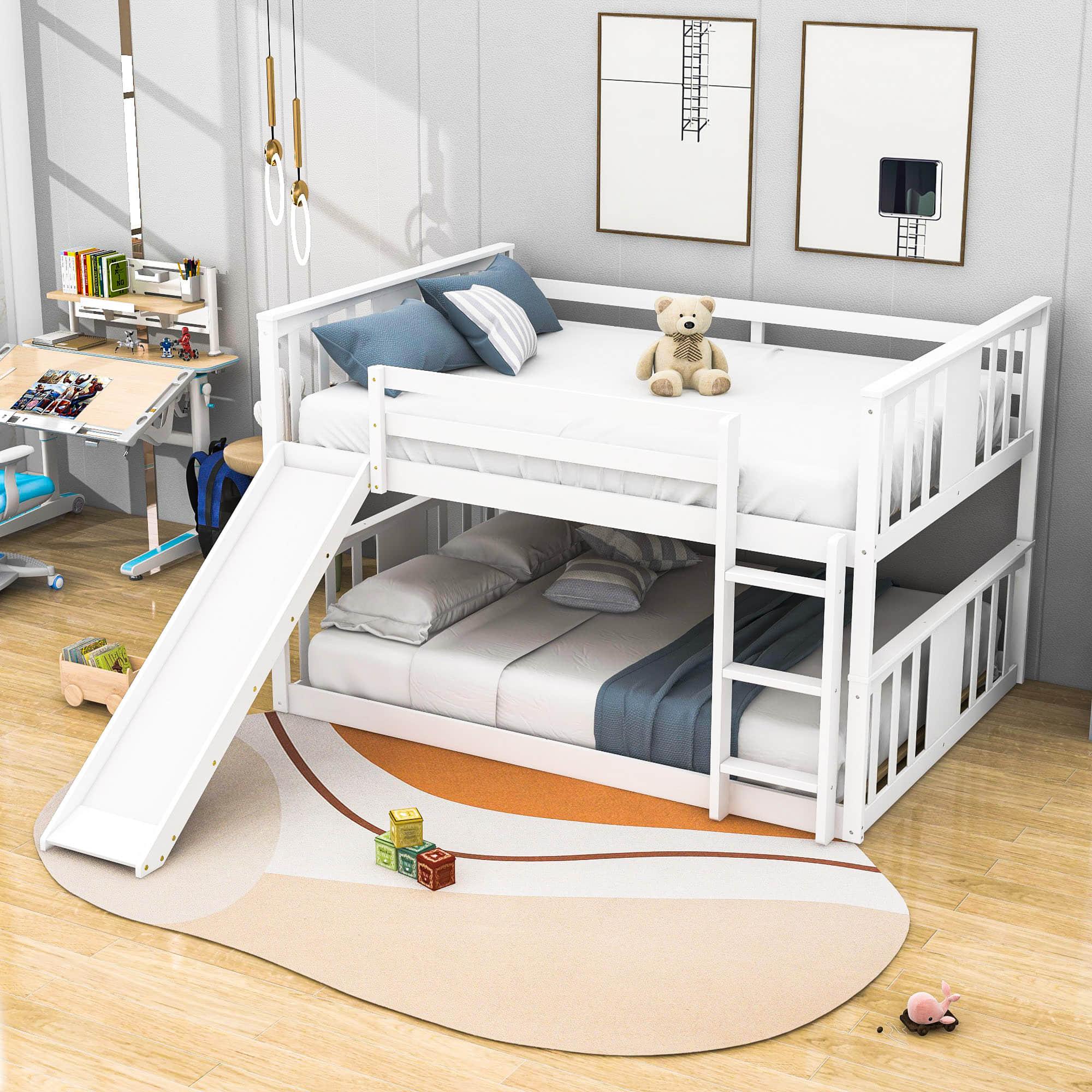 Montessori Twin Over Twin Fun Floor Bunk Bed with Slide - [Wood, Ladder, Low]