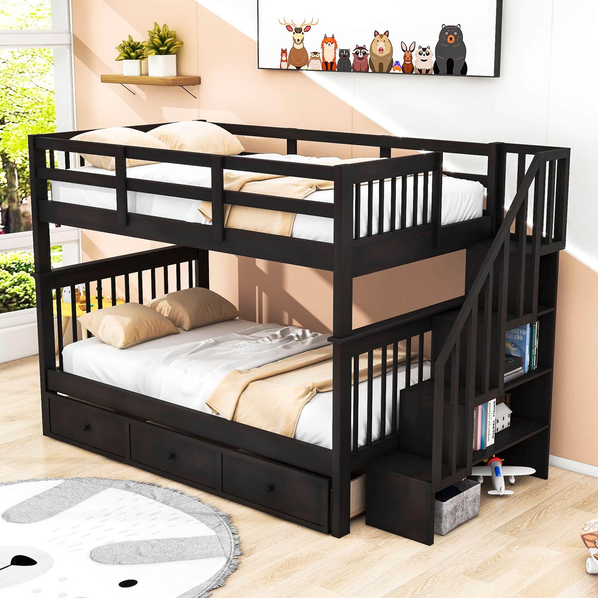 Wood Full Over Full Bunk Bed with Storage and Stairs - [Drawers, Shelves, Class]