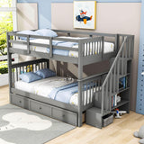 Wood Full Over Full Bunk Bed with Storage and Stairs - [Drawers, Shelves, Class]