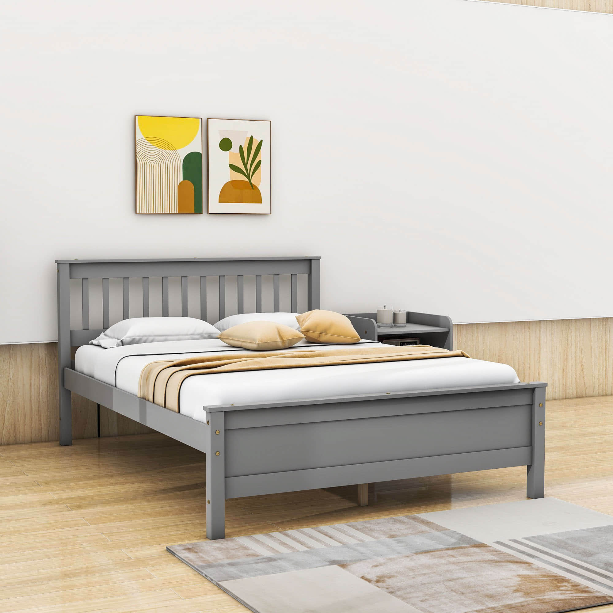 2 Pieces Full Size Platform Bed Frame with Nightstand Bedroom Set