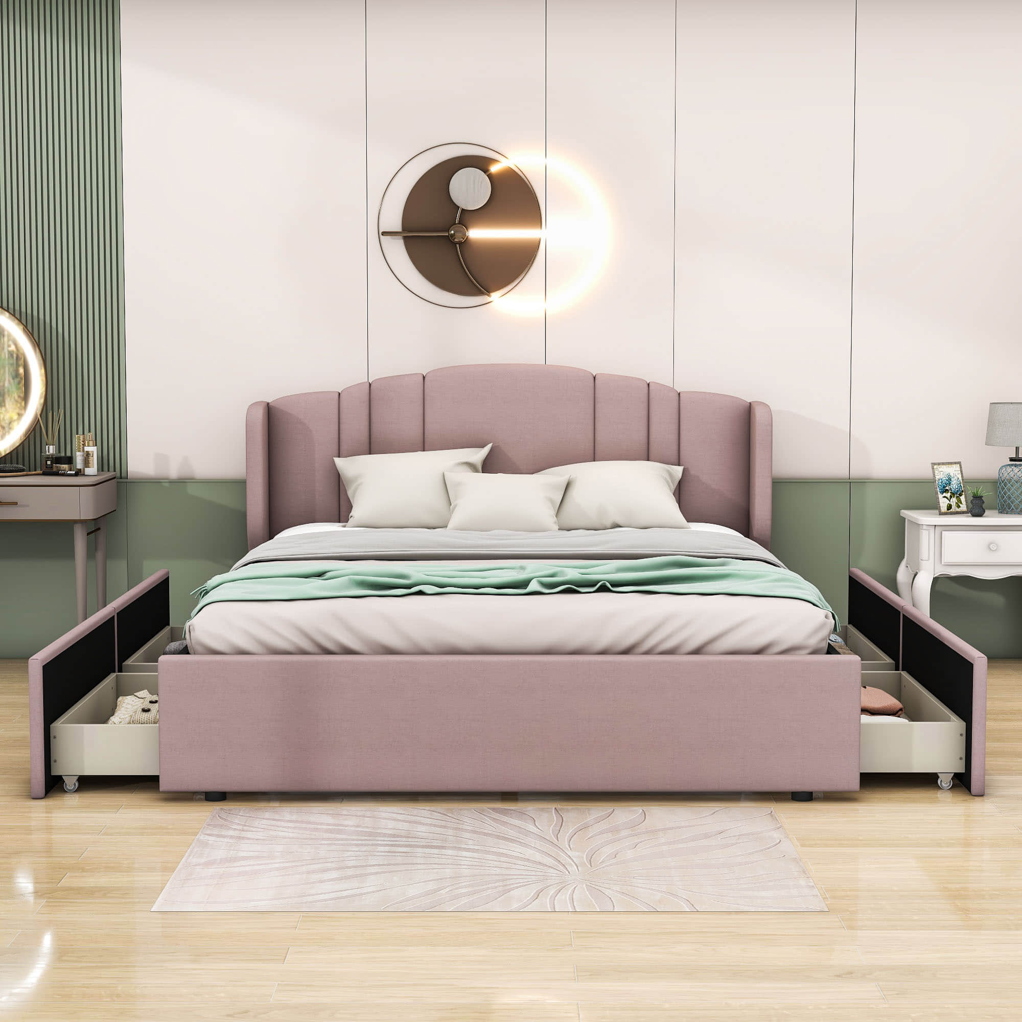 Queen Modern Upholstered Bed Frame with Headboard and Storage