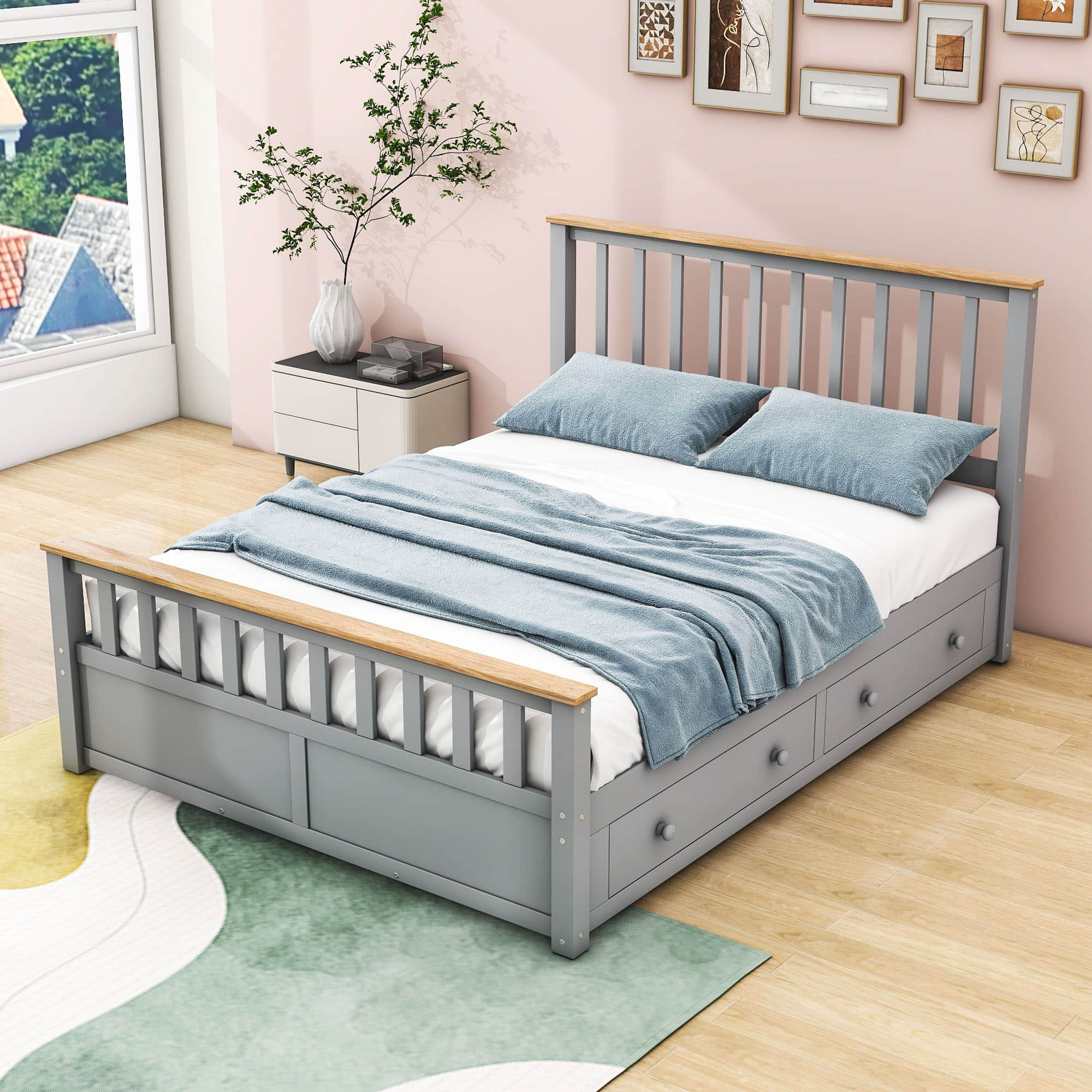 Wooden Queen Size Platform Bed Frame with Storage and Slat Headboard