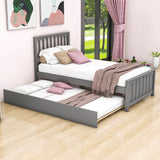 Twin Size Wood Platform Bed with Twin Trundle and Headboard