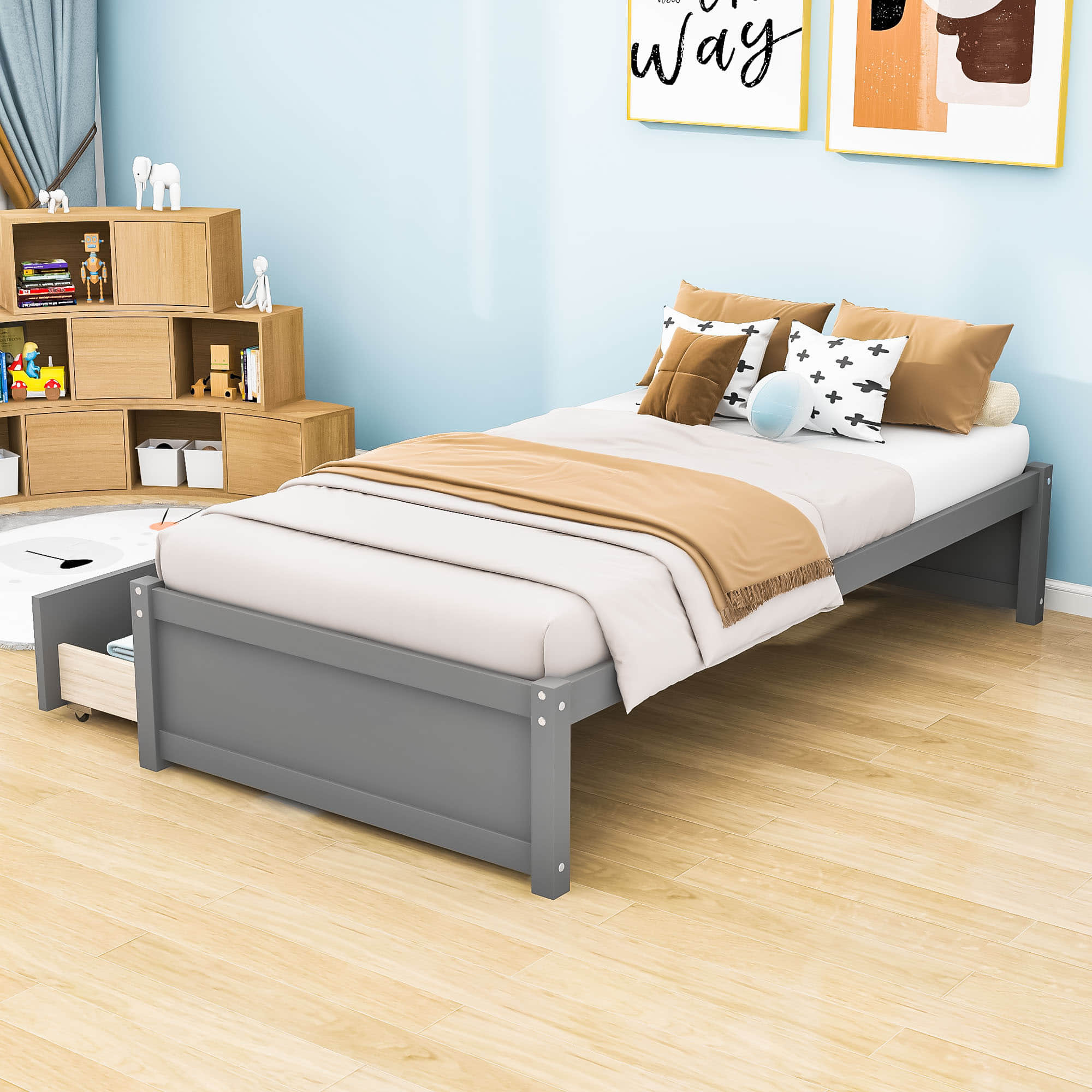 Solid Wood Twin Platform Bed Frame with Storage - [Drawers]