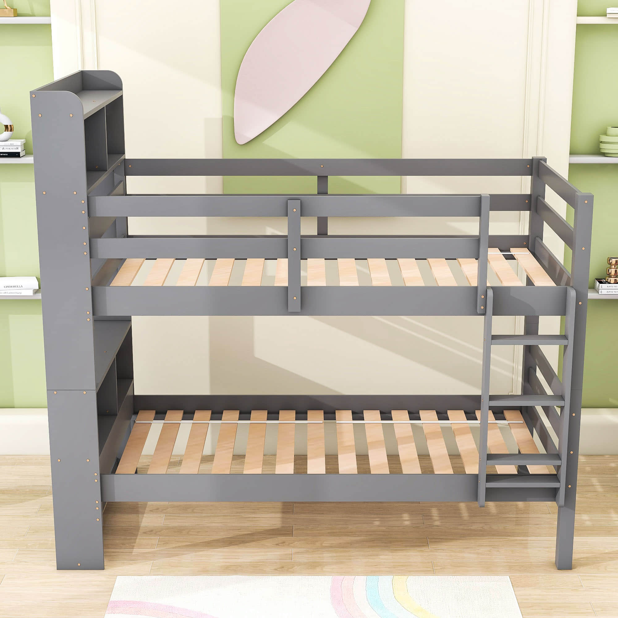 Solid Wood Convertible Twin Over Twin Bunk Beds with Bookcase Headboard