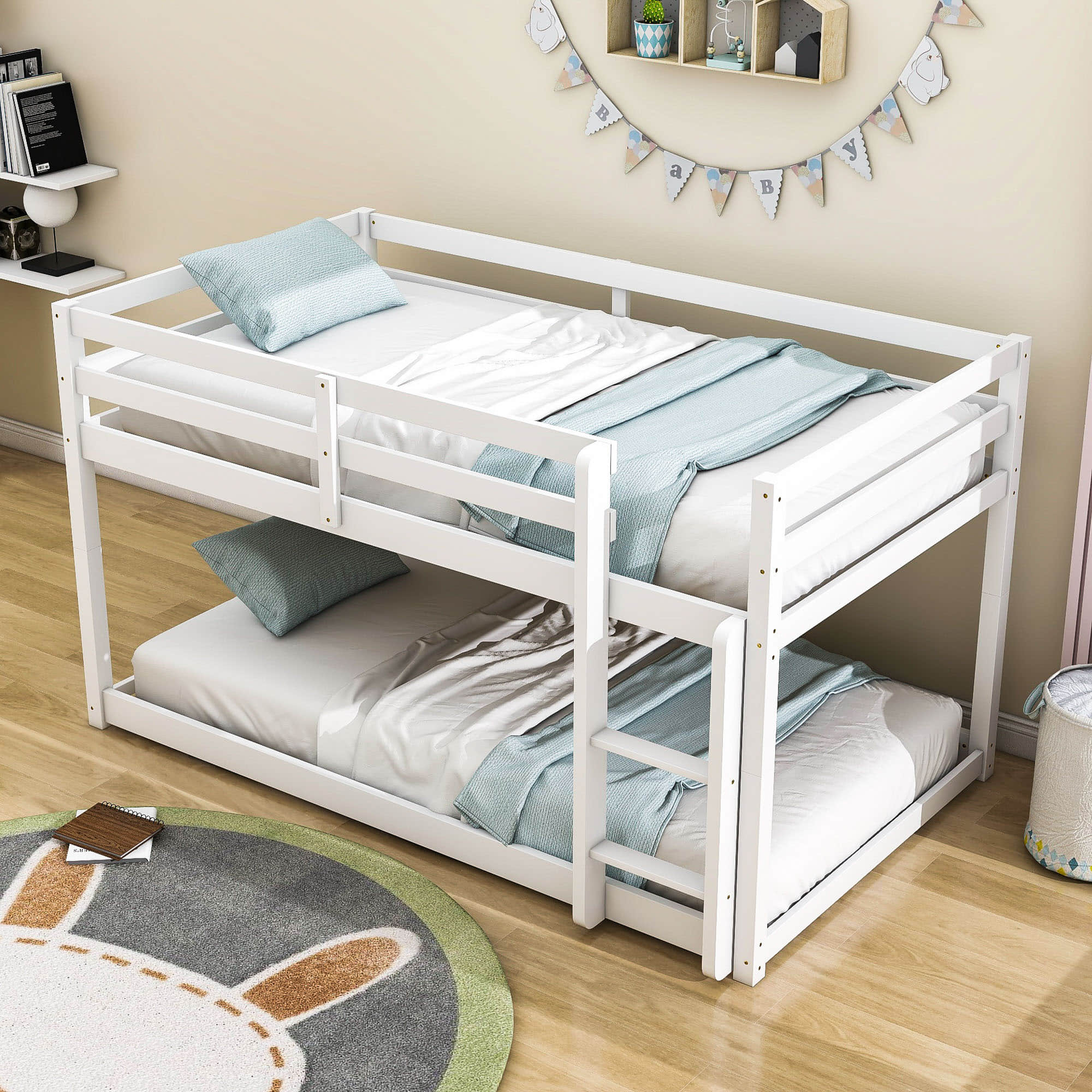 Wooden Low Twin Over Twin Floor Toddler Bunk Beds