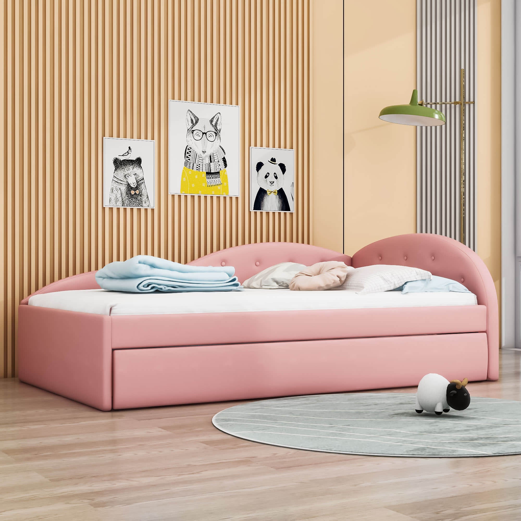 Twin PU Upholstered Kids Daybed with Trundle and Cloud-Shaped Rail