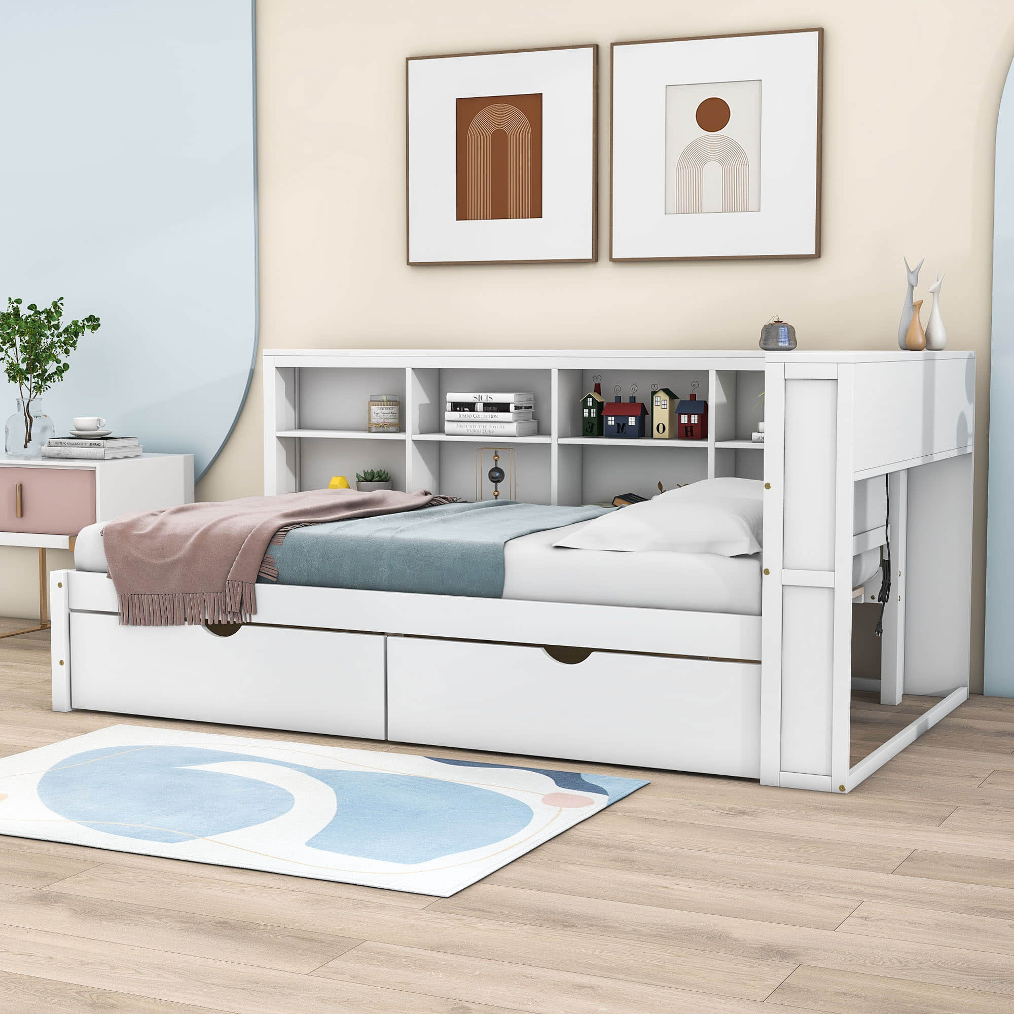 Modern Smart Kids Twin Size Daybed with Storage Drawers and Shelf