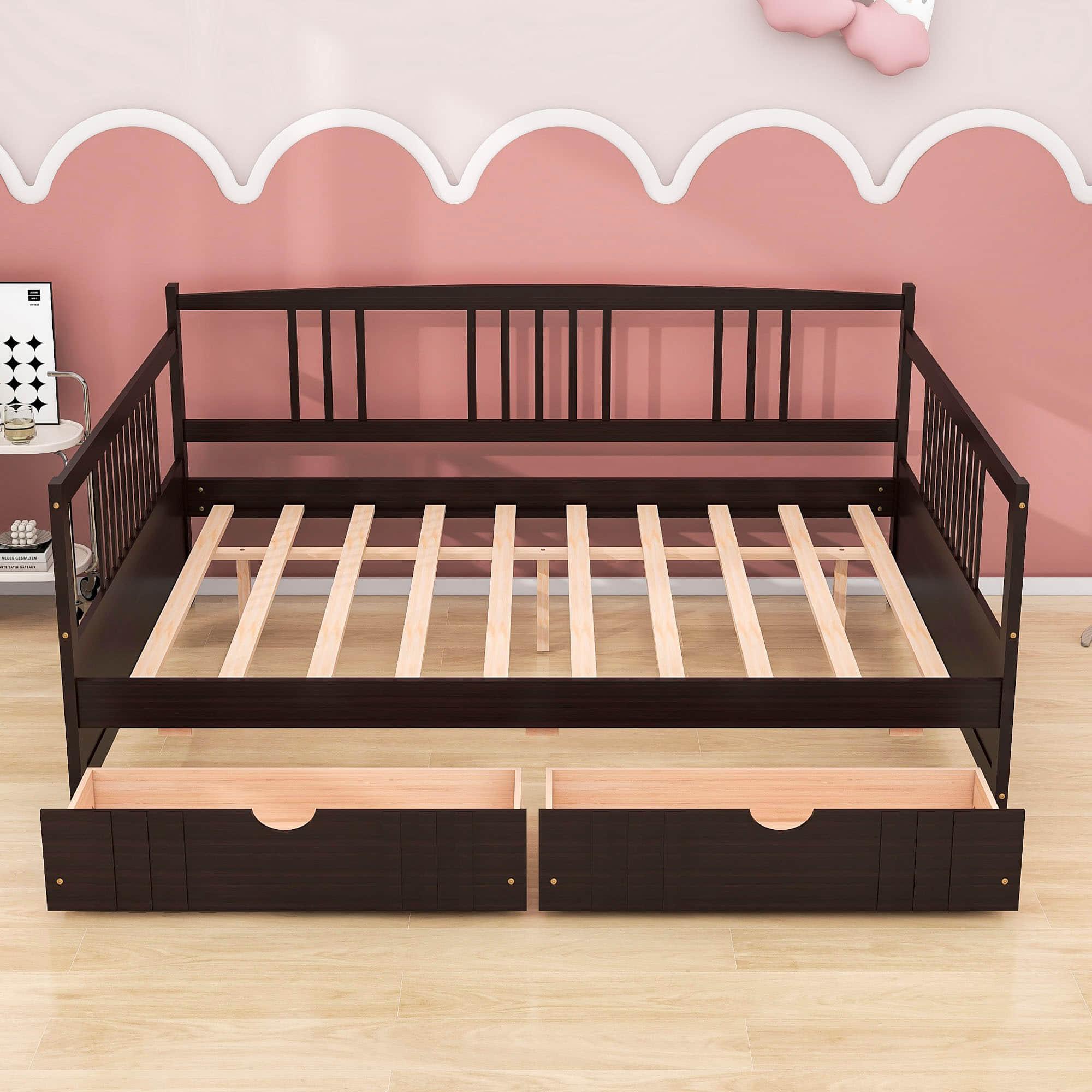 Wood Full Size Daybed with Storage Drawers and Slat Back