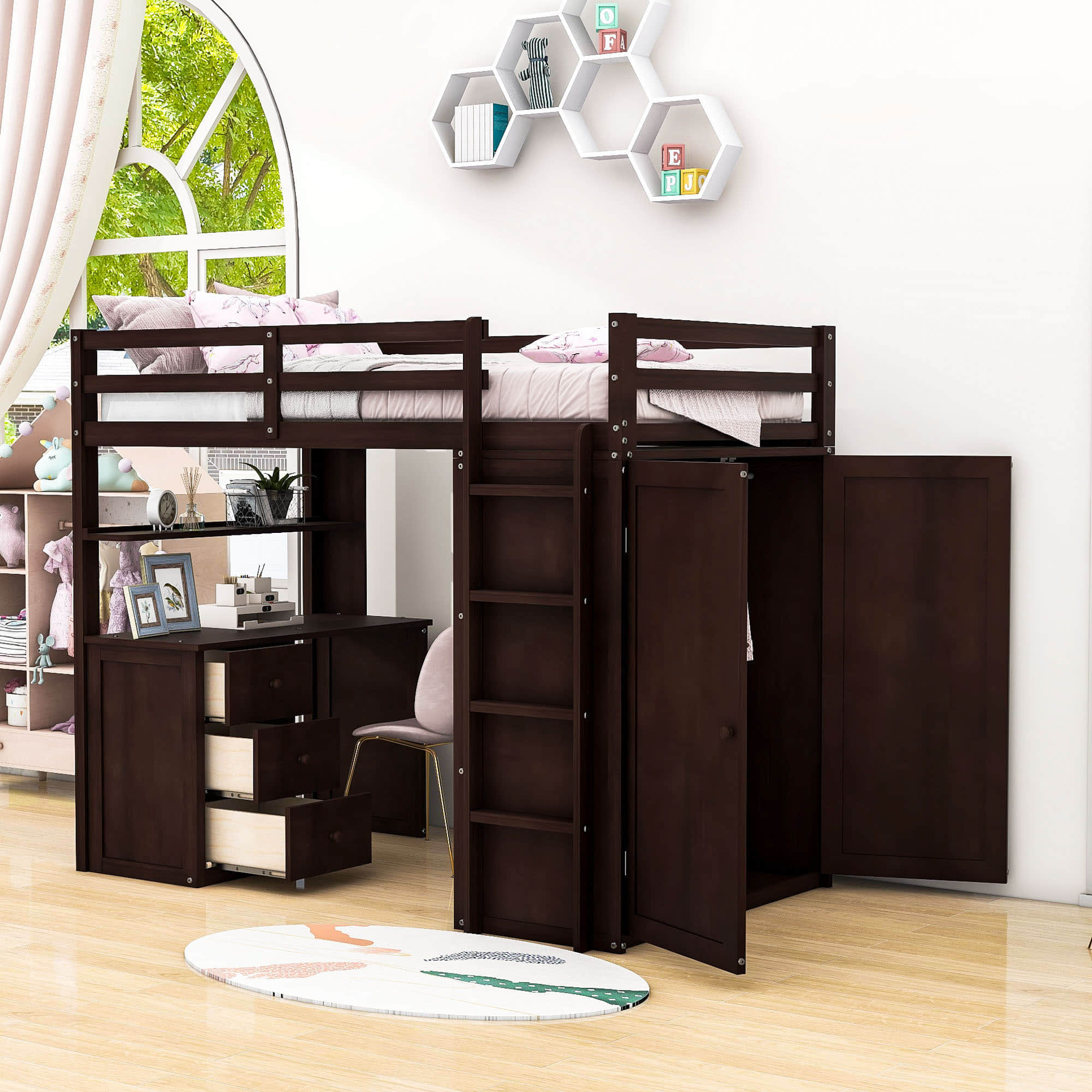 Wood Twin Loft Bed with Desk and Storage for Kids, Adults - [Wardrobe]