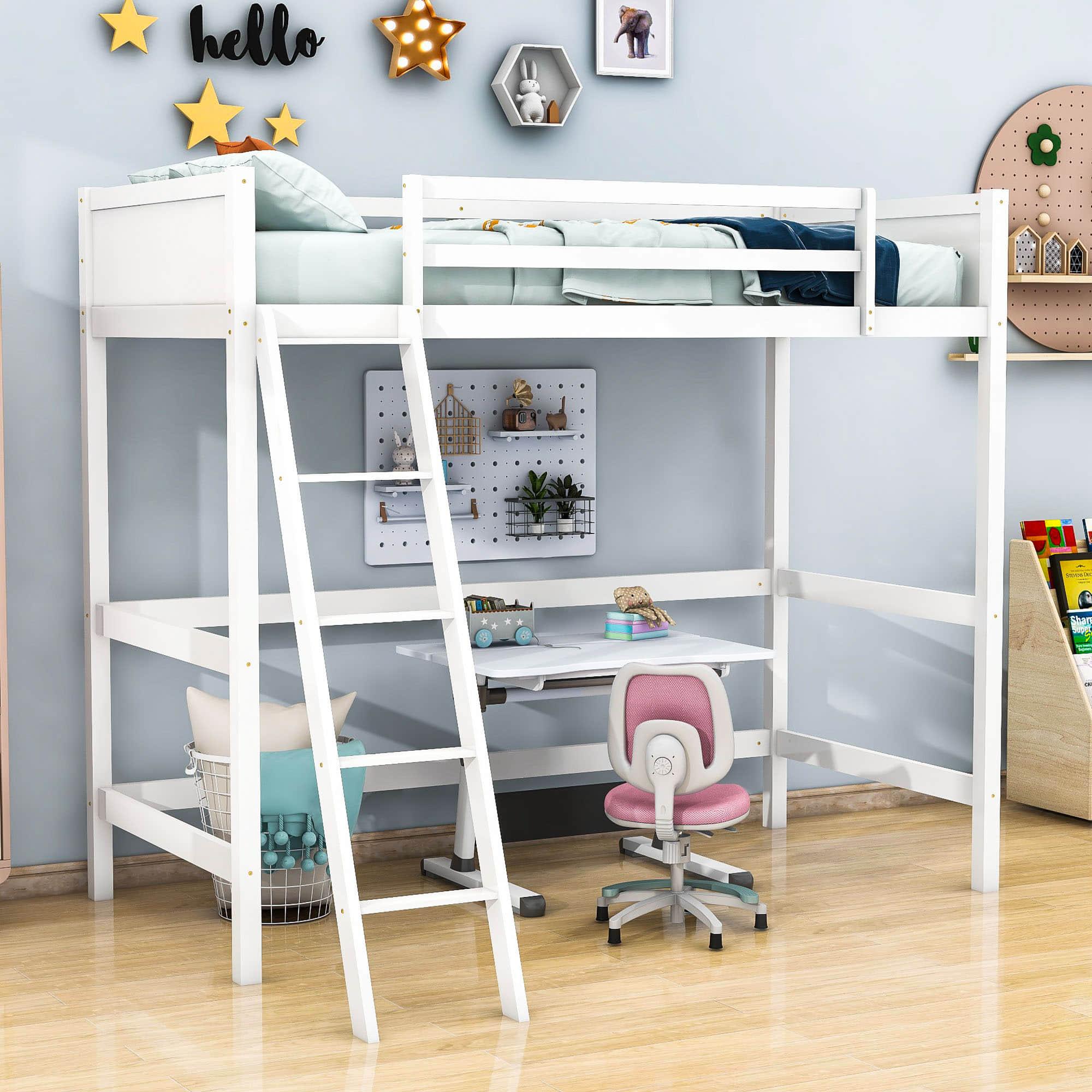 Solid Wood Twin Loft Bed with Interchangeable Ladder for Kids, Adults- [Medium]