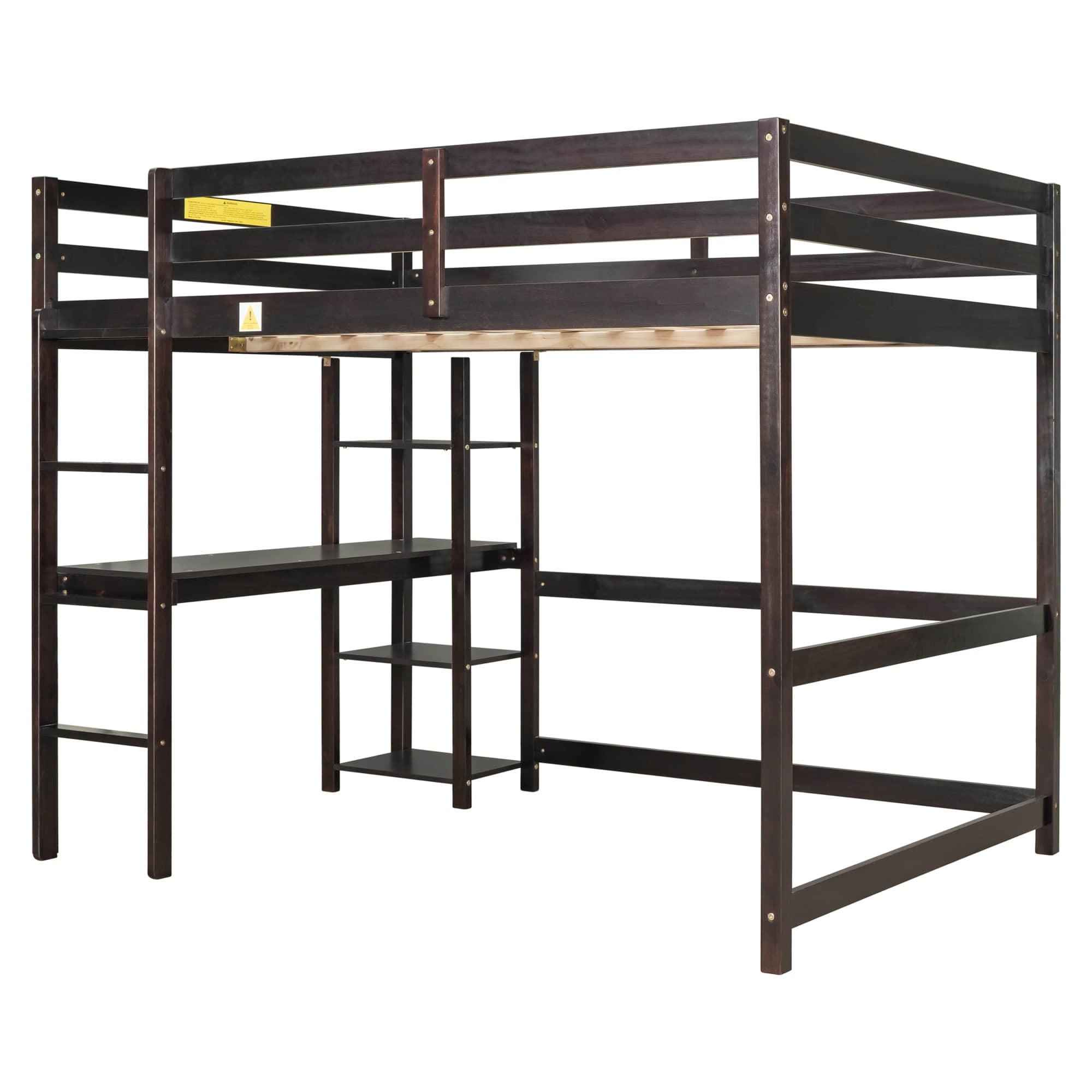 Wood Full Size Loft Bed with Desk and Storage Shelves for Kids, Teens