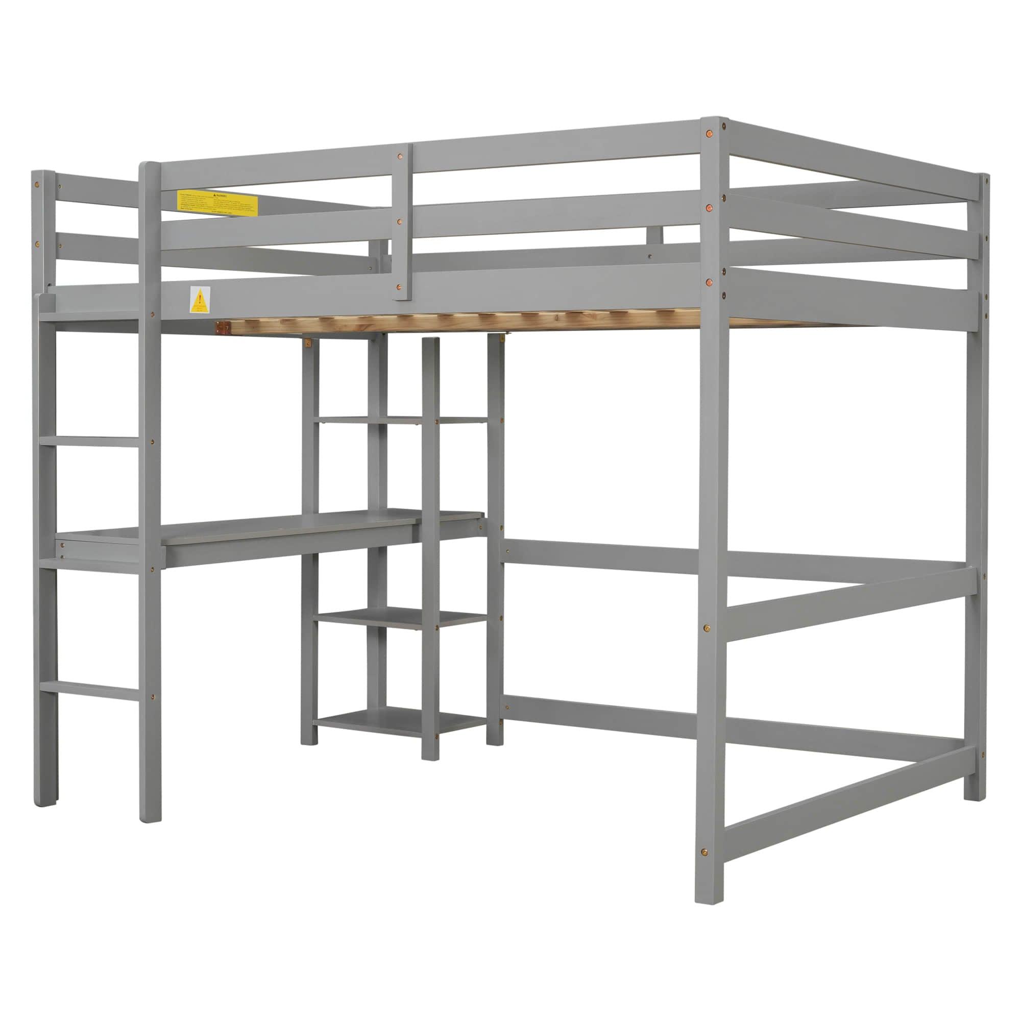 Wood Full Size Loft Bed with Desk and Storage Shelves for Kids, Teens