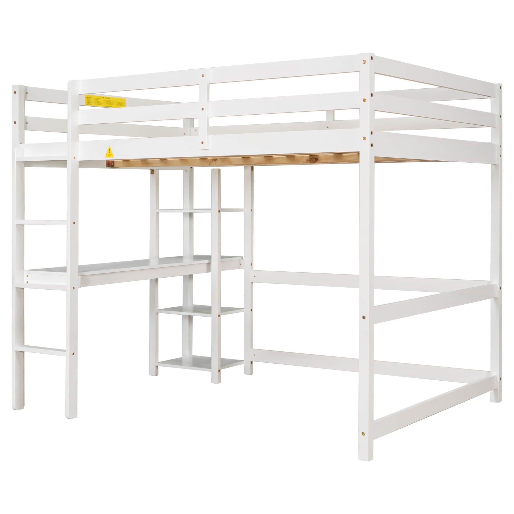 Wood Full Size Loft Bed with Desk and Storage Shelves for Kids, Teens