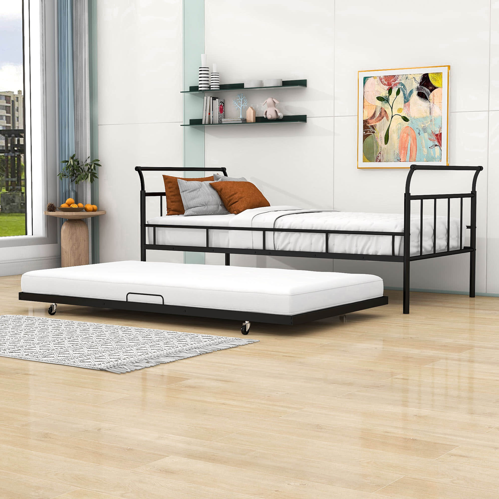 Metal Twin Daybed with Trundle and Curved Armrest - [Backless]