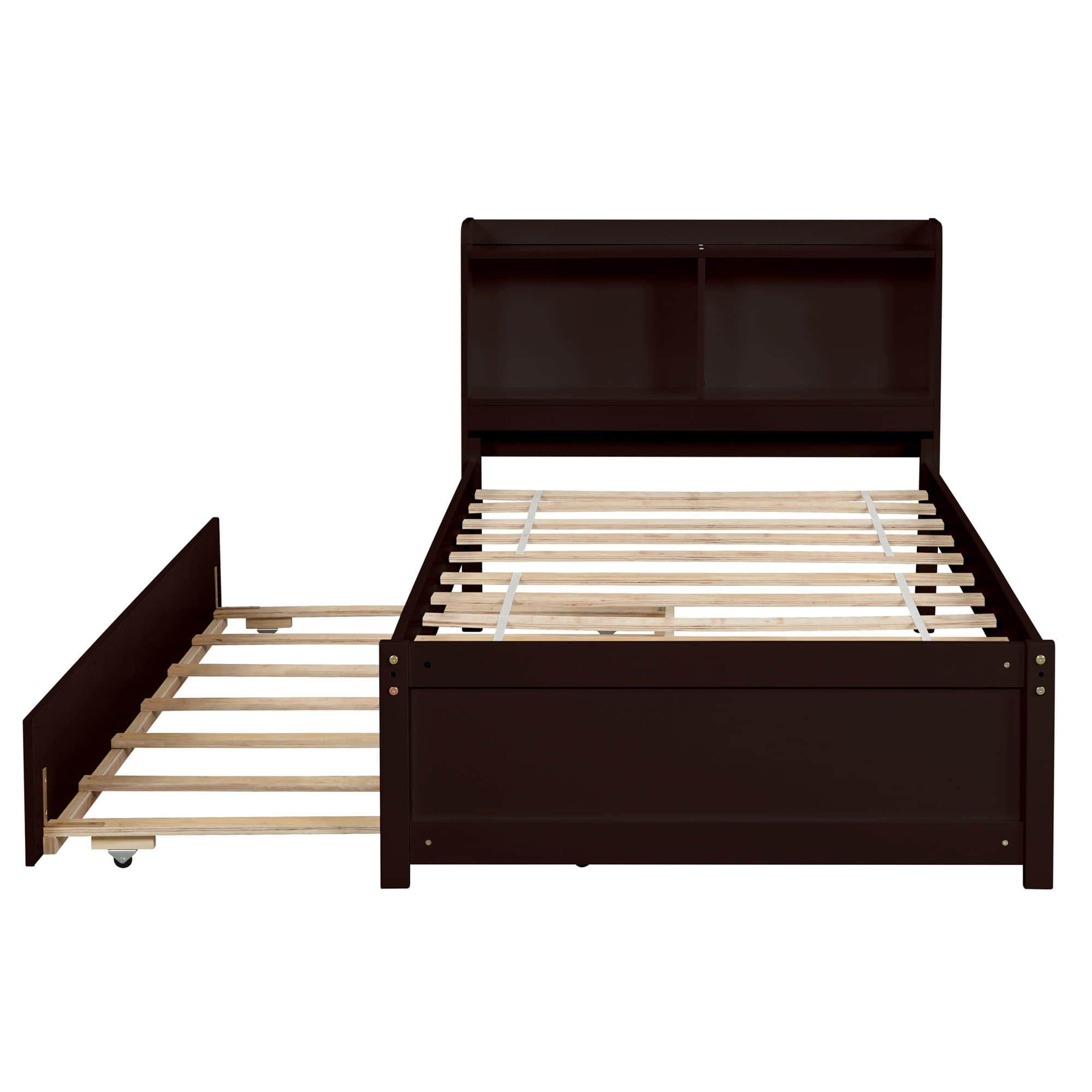 Wooden Twin Platform Bed with Twin Trundle Bed and Storage Headboard - [Shelves]