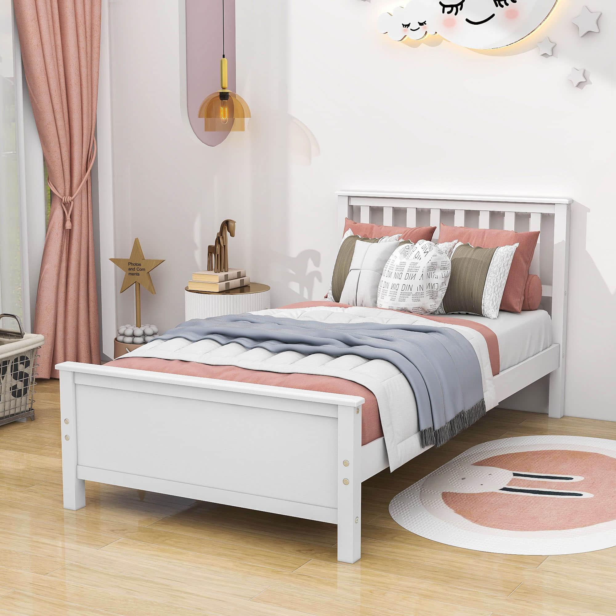 Wooden Twin Platform Bed with Headboard for Kids, Adult