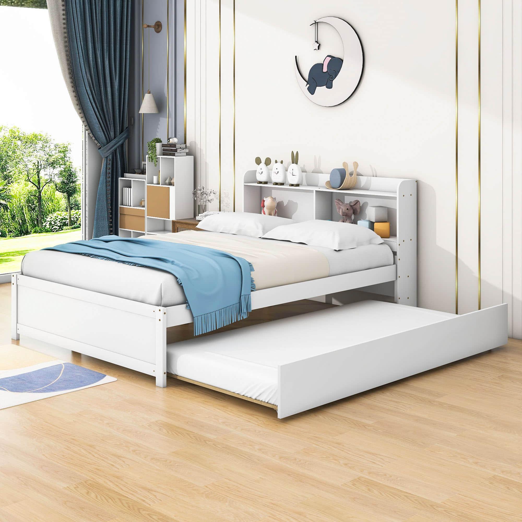 Wooden Full Size Platform Bed with Twin Trundle Bed and Storage Headboard - [Shelves]