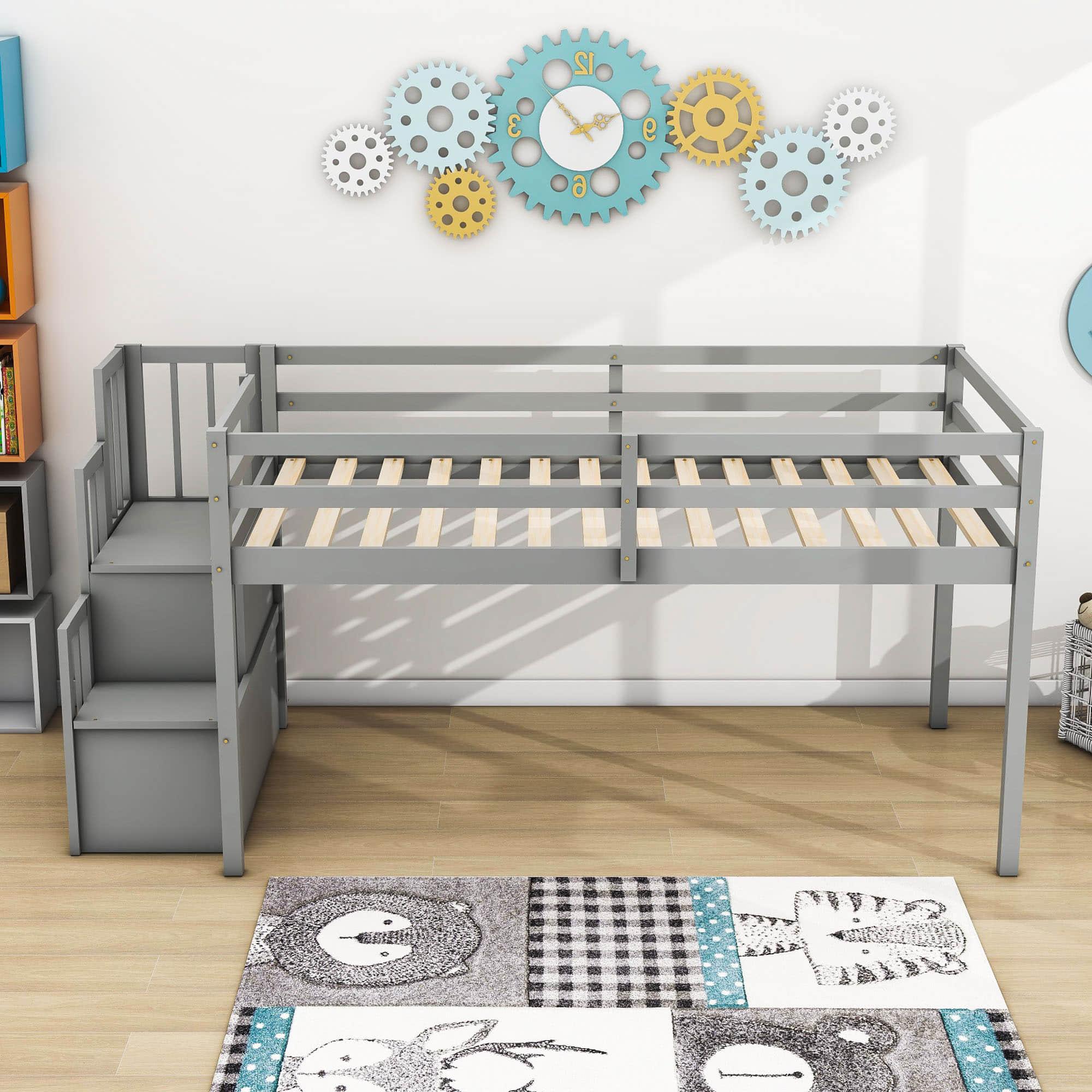 Wood Low Twin Loft Bed with Stairs and Storage for Kids, Toddler - [Shelves]