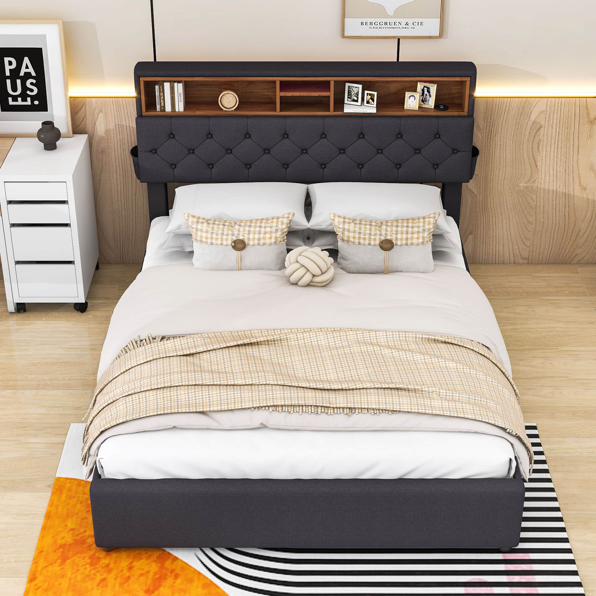 Modern Smart Queen Upholstered Bed Frame with Storage Headboard, LED Lights