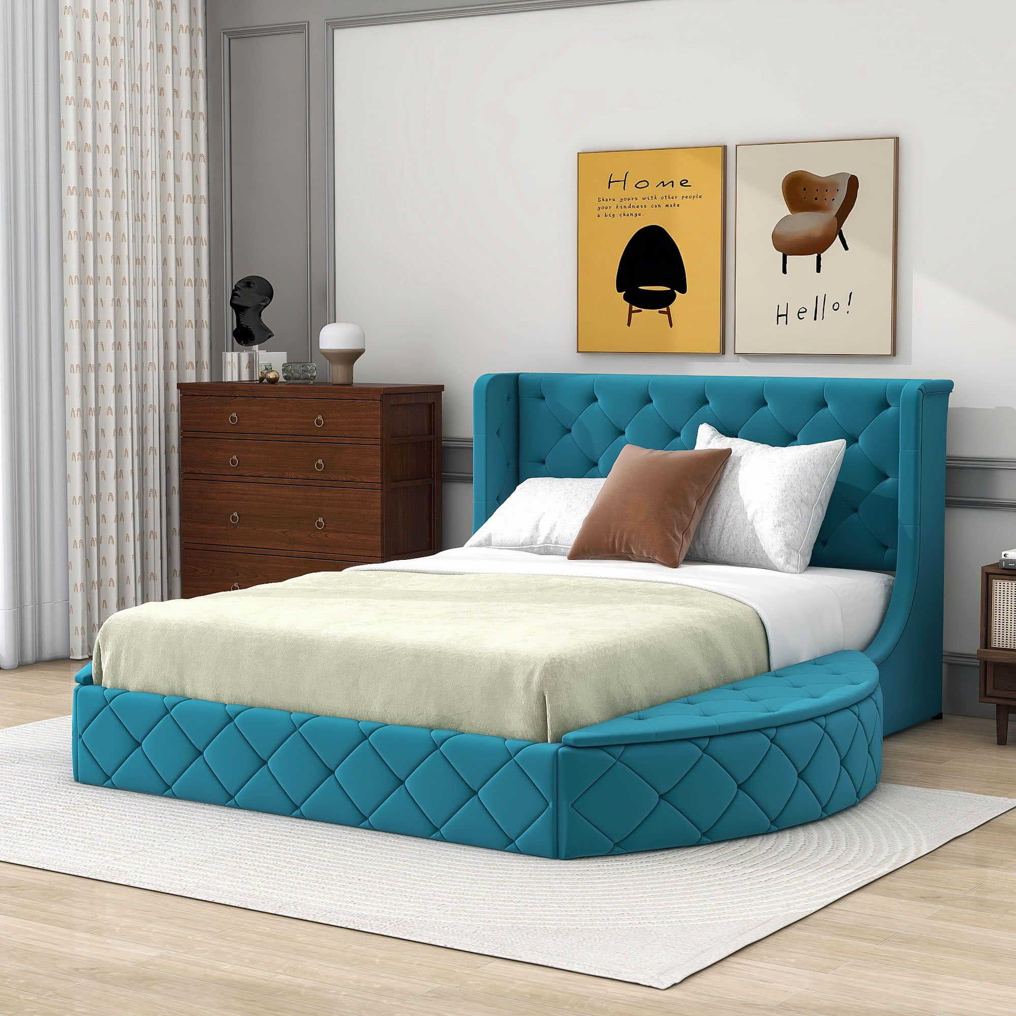 Upholstered Queen Platform Bed Frame with Wingback Headboard and Storage