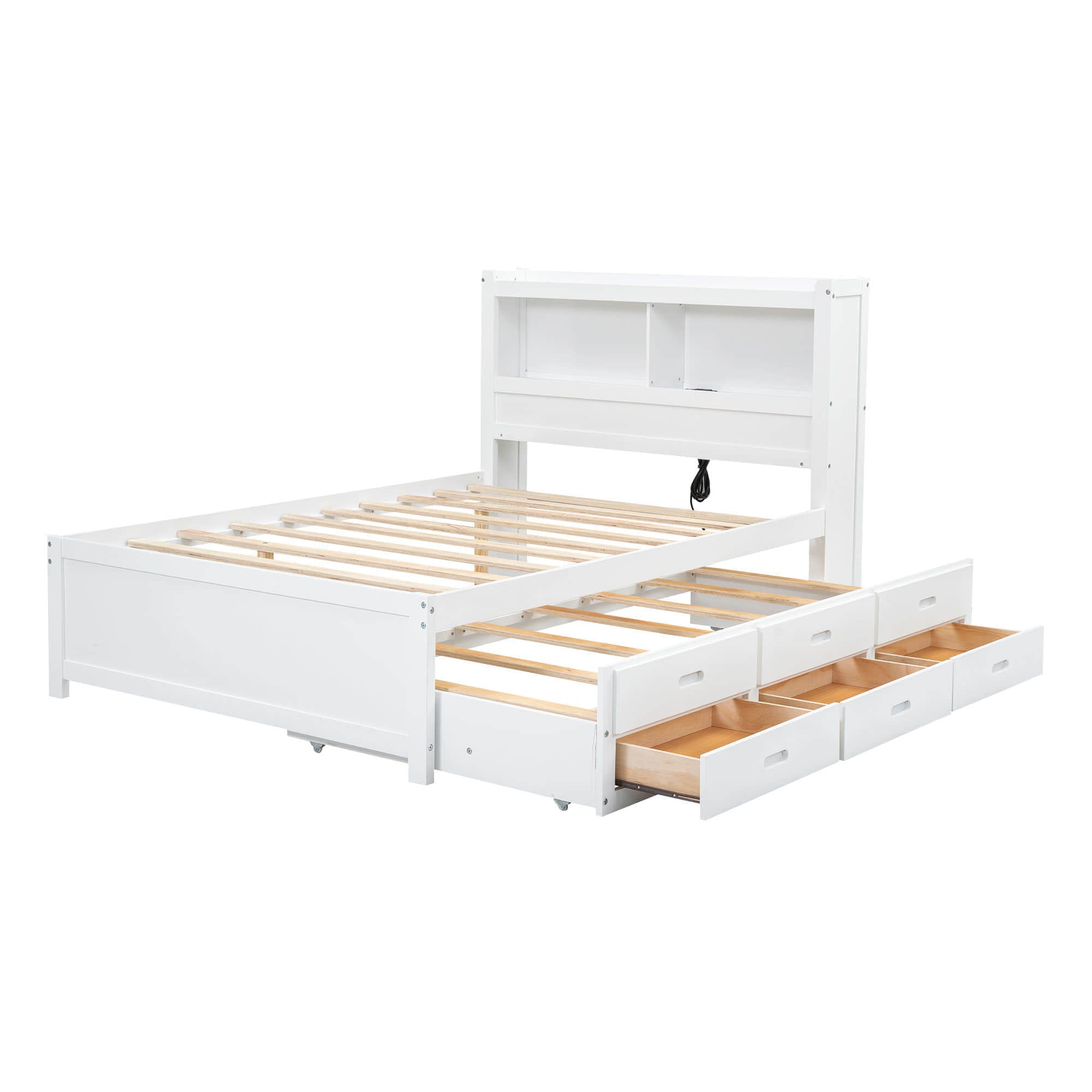 Full Platform Bed Frame with Twin Trundle and Storage Headboard, USB