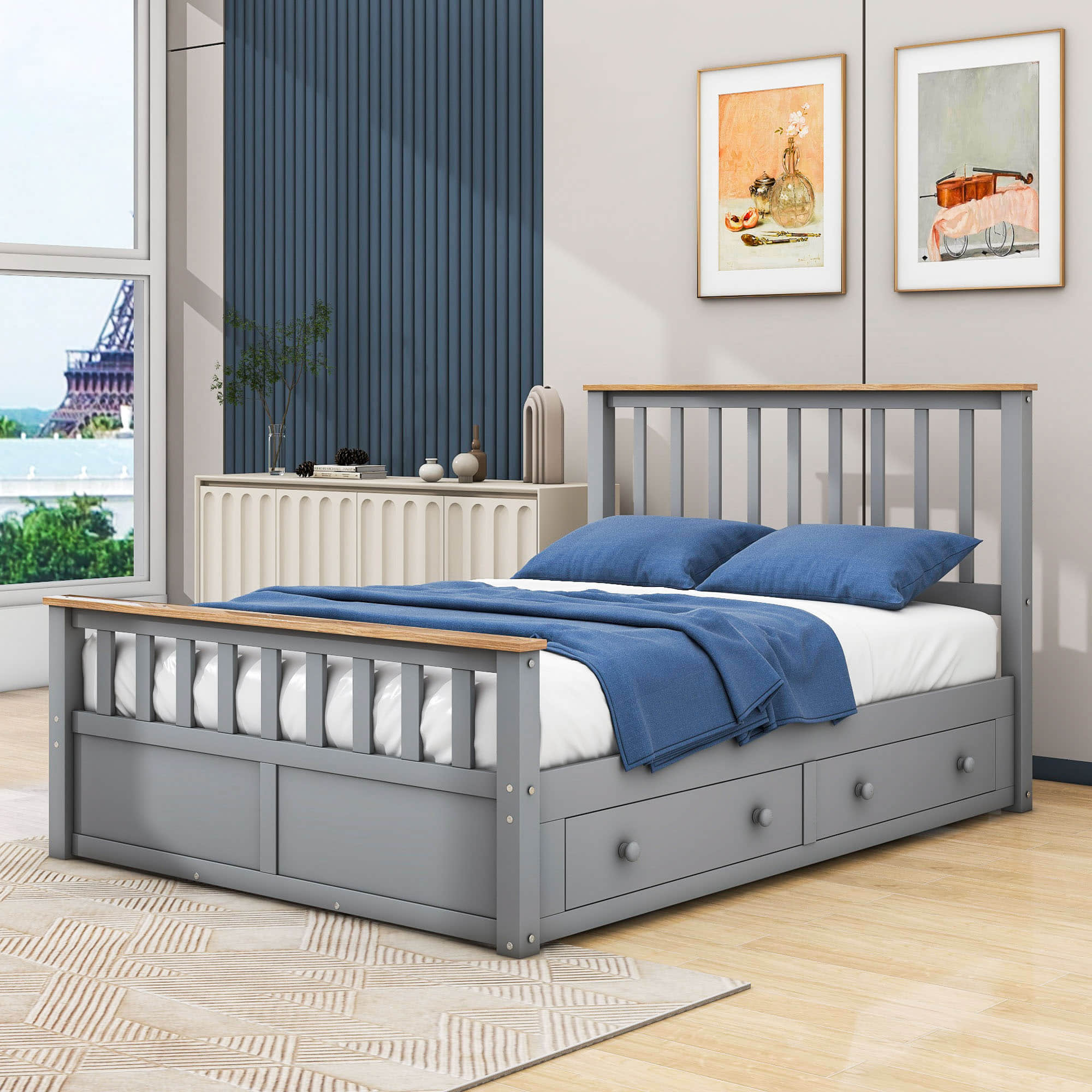 Wooden Full Size Platform Bed Frame with Storage and Slat Headboard