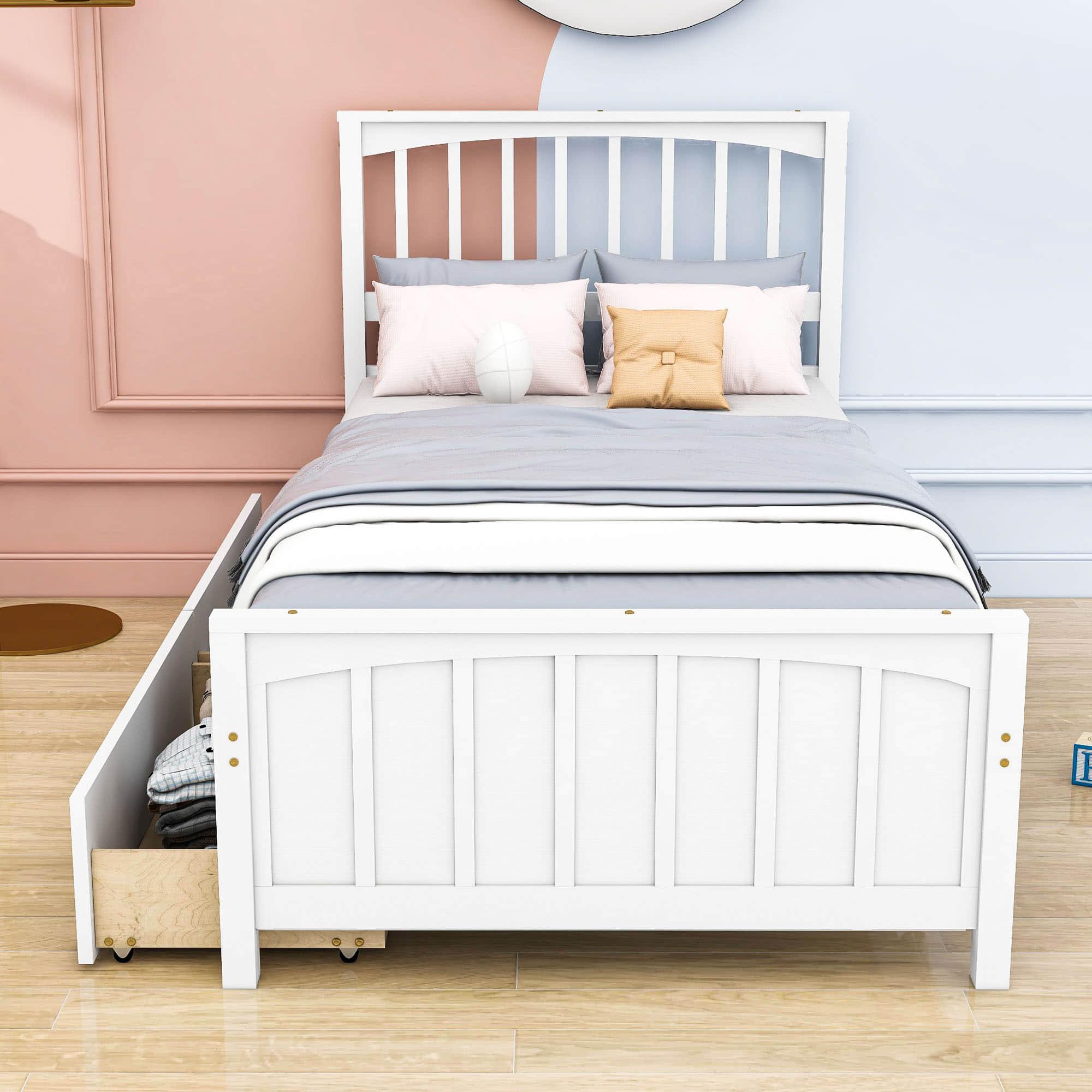 Wood Kids Storage Bed Frame with Headboard and Drawers