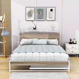 Metal Queen Size Smart Platform Bed with Twin Trundle Bed and Shelf Headboard