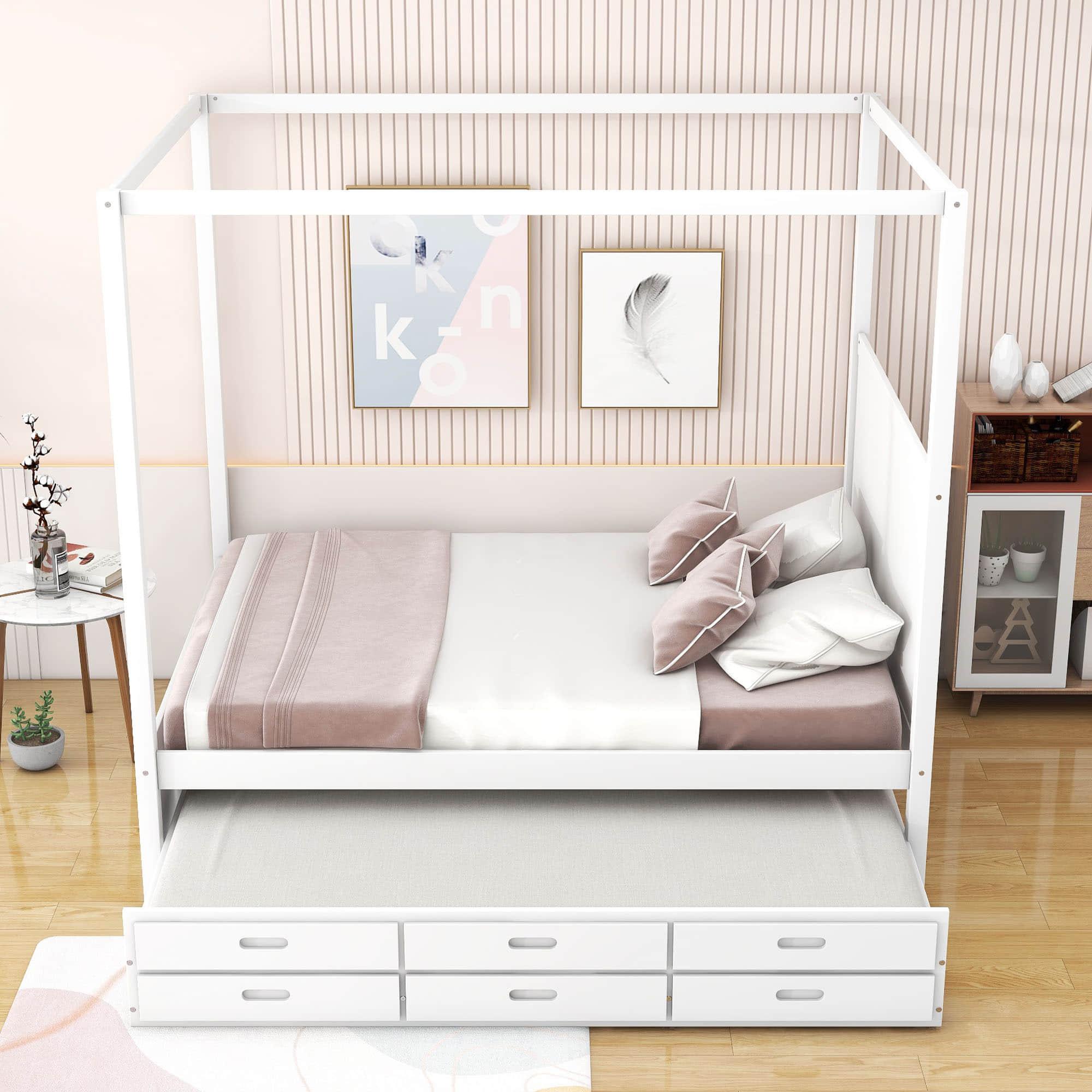 Queen Size Captain's Canopy Bed with Twin Trundle Bed and Storage - [Wooden, Drawers]