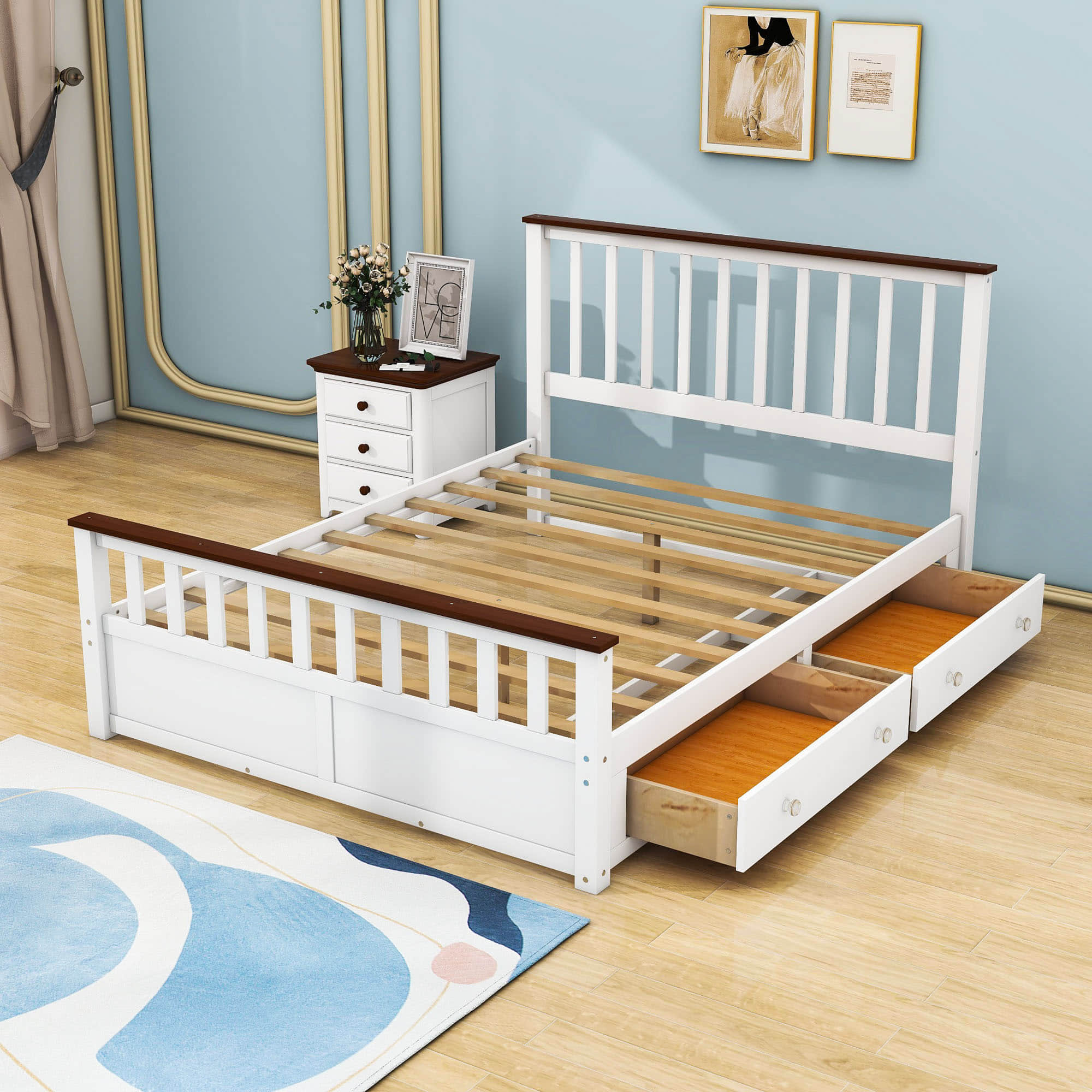 Wooden Queen Size Platform Bed Frame with Storage and Slat Headboard