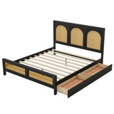 Queen Size Wood Platform Bed with Storage and Rattan Headboard