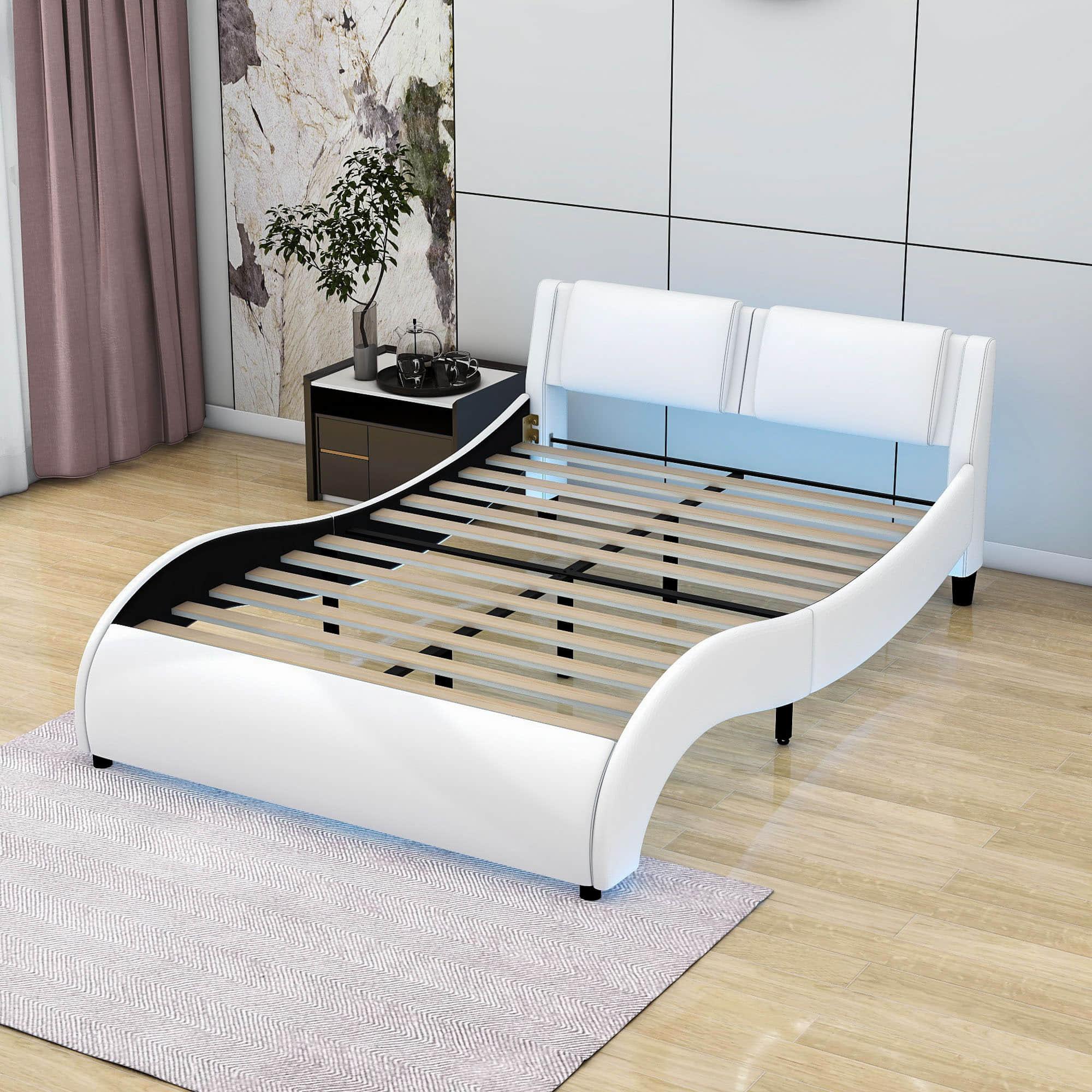 Modern Full Upholstered Platform Bed Frame with Headboard and Lights