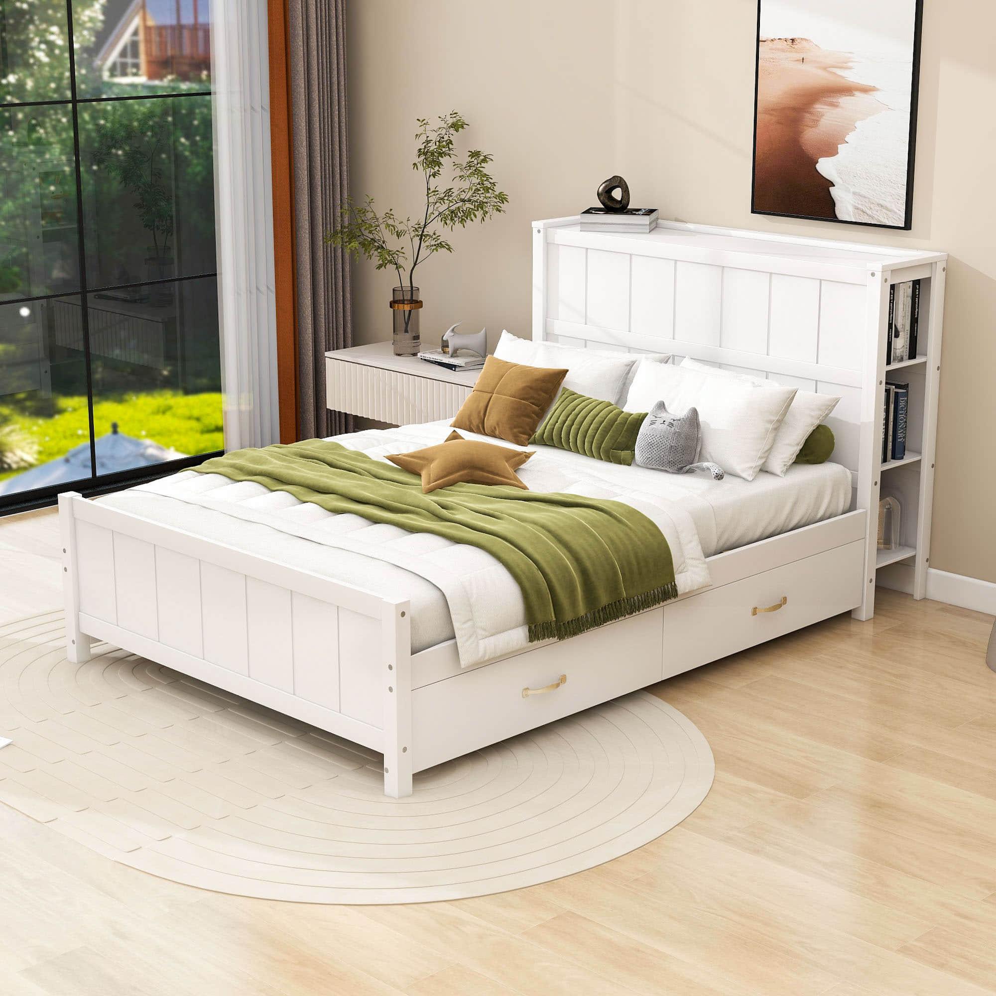 Wooden Full Size Platform Bed with Headboard and Storage - [Drawers, Shelves]