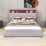 Modern Smart Queen Upholstered Bed Frame with Storage Headboard, LED Lights