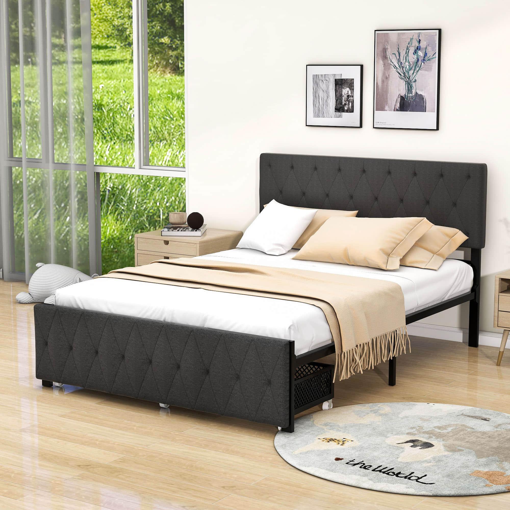 Metal Full Size Upholstered Storage Bed with Headboard and Drawers