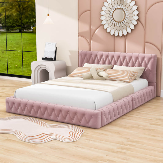 Modern Velvet Upholstered Queen Bed Frame with Tufted Headboard