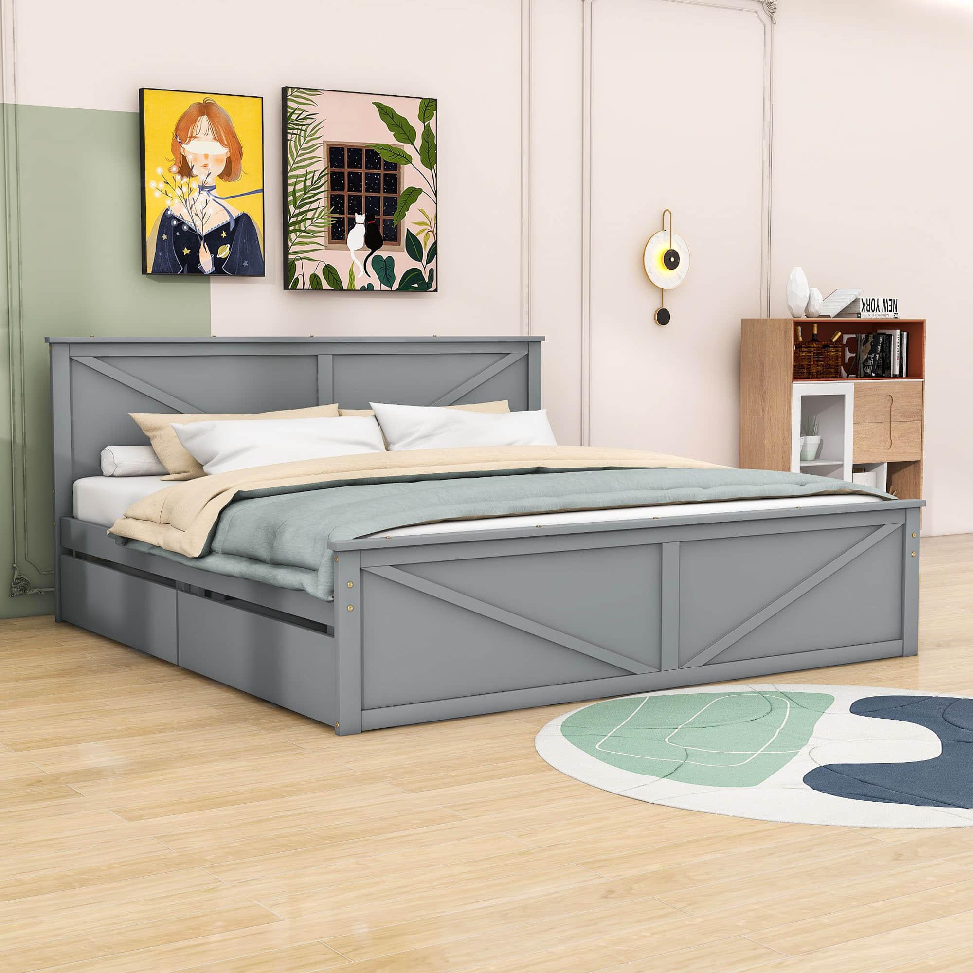 Wooden King Size Platform Bed with Storage and Headboard - [Drawers]