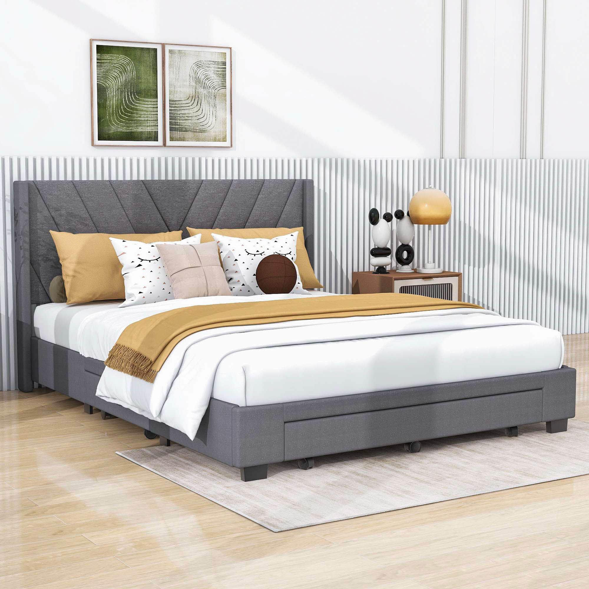 Queen Size Upholstered Platform Bed with Storage and Headboard - [Drawers, Linen]