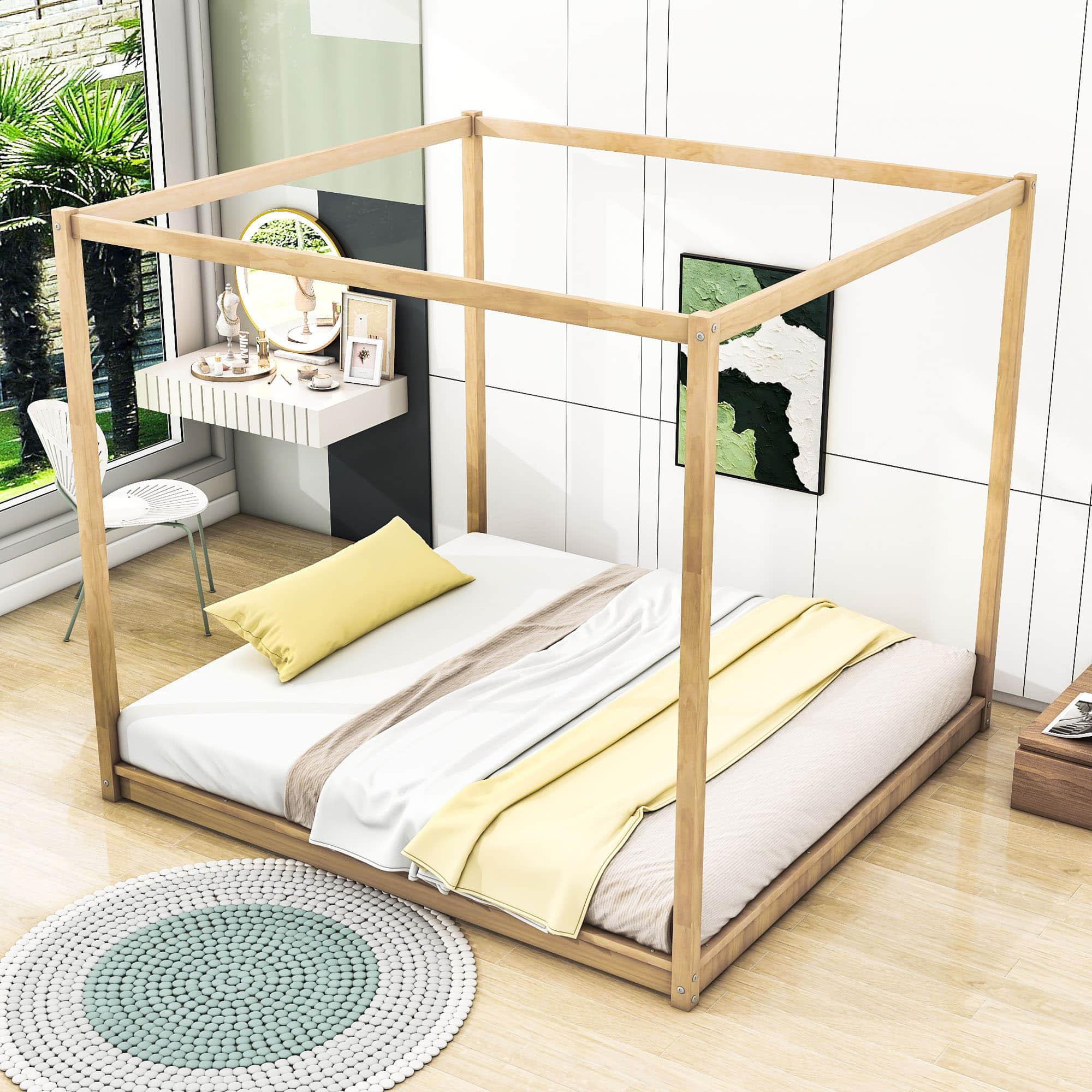 Modern Wood King Size Canopy Floor Bed Frame for Adults