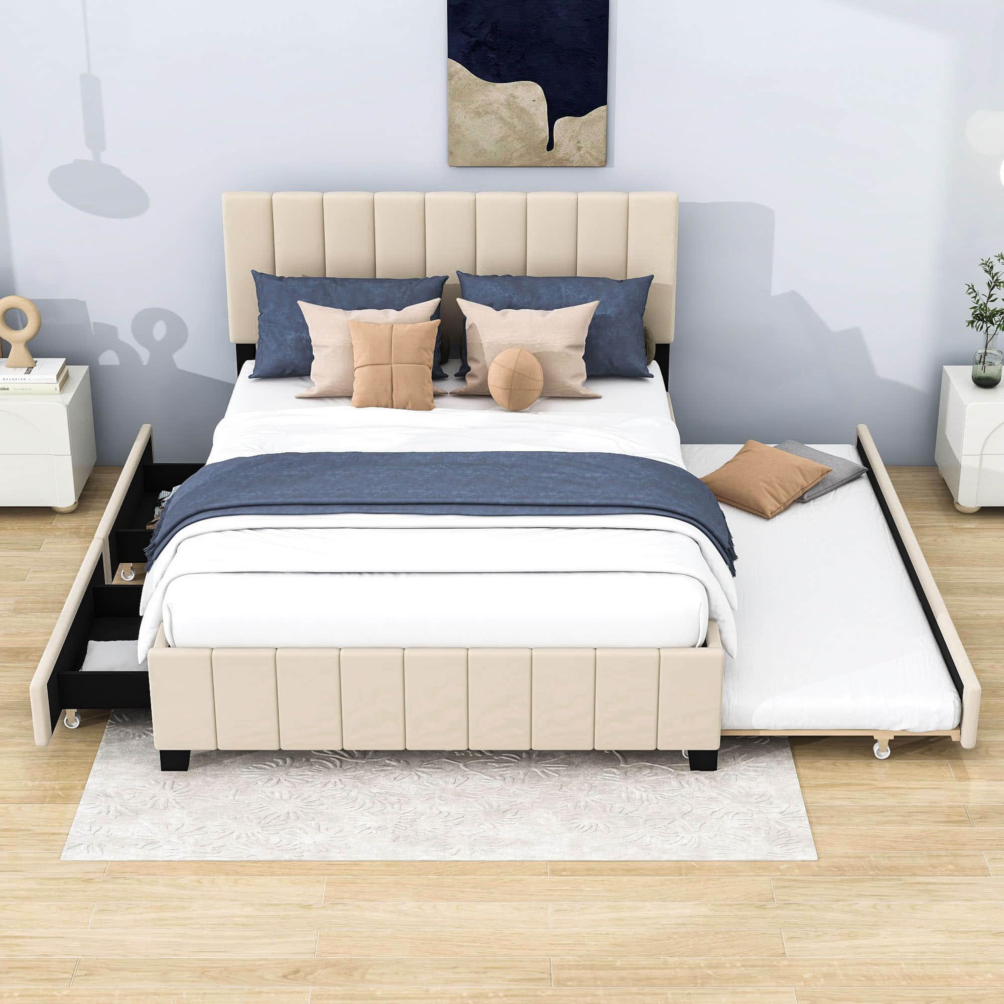 Velvet Upholstered Queen Size Platform Bed with Storage and Trundle