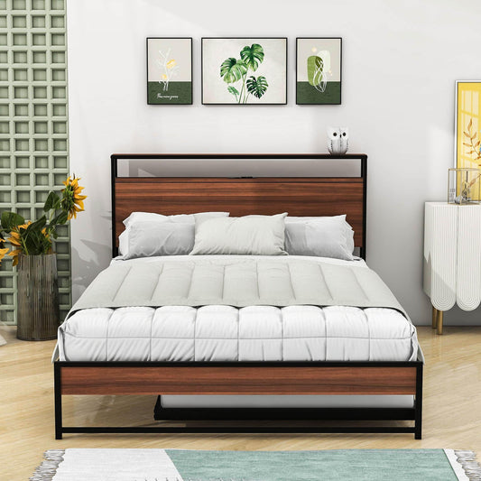 Full Size Smart Platform Bed with Twin Trundle Bed and Shelf Headboard