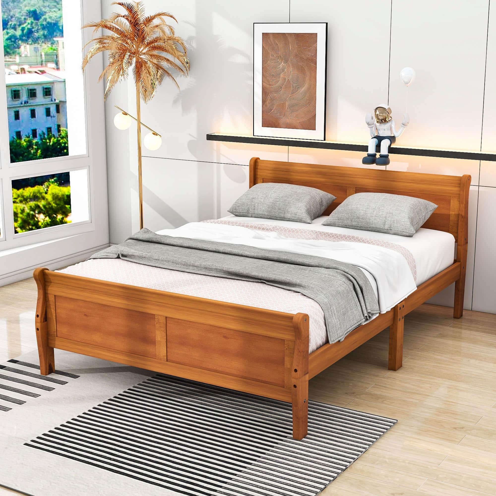 Wooden Queen Size Sleigh Bed with Headboard and Footboard