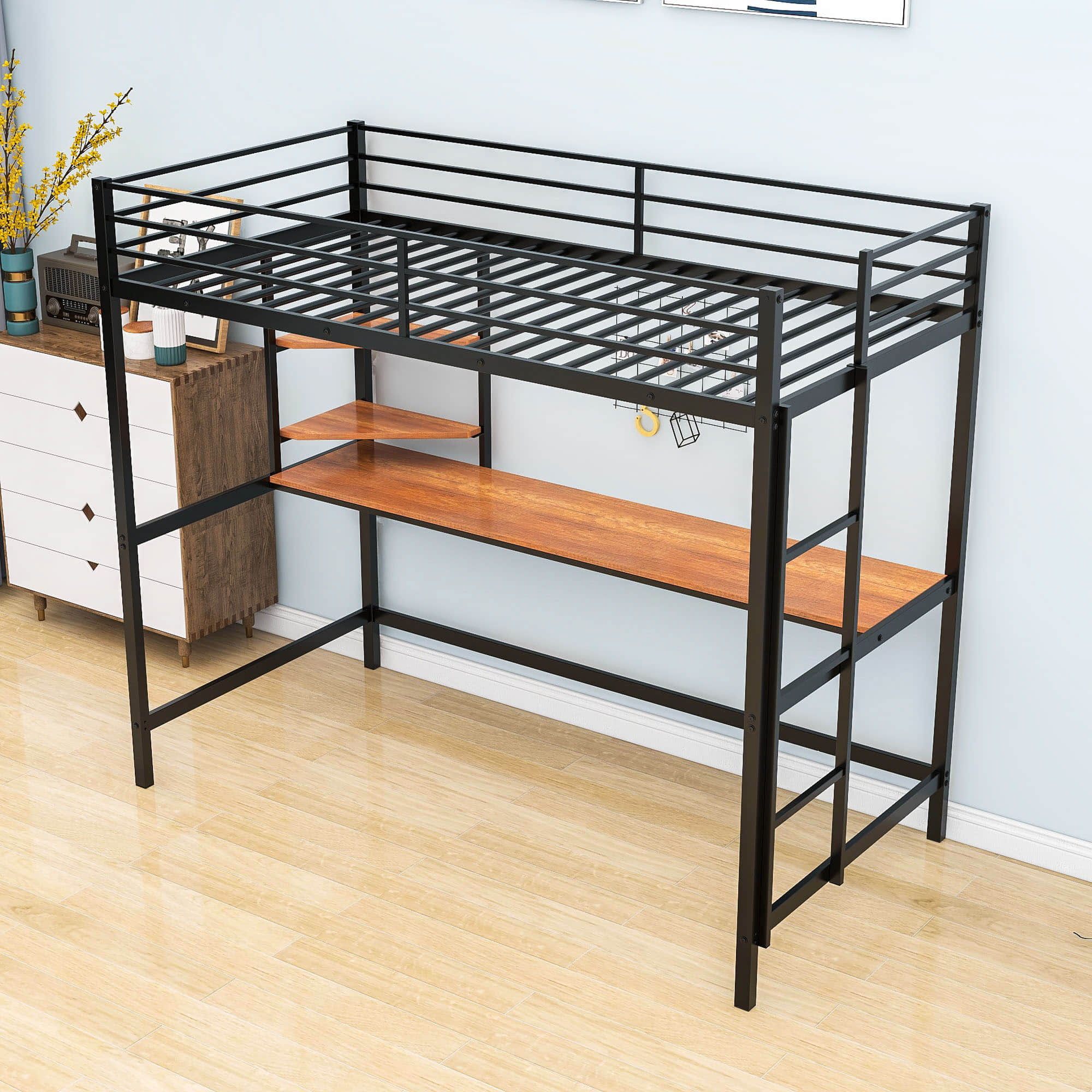 Metal Twin Loft Bed with Desk and Storage Shelves for Adults, Teens