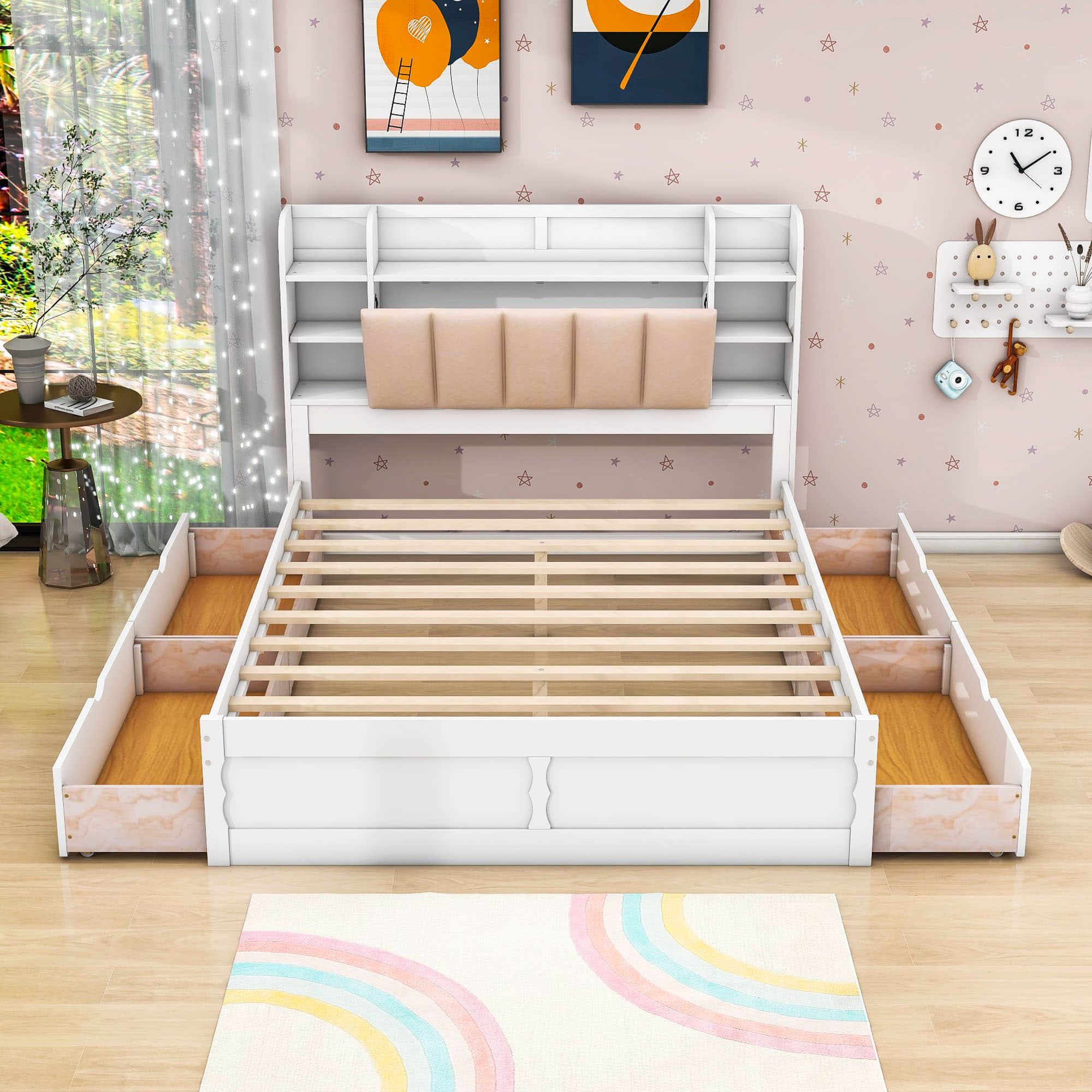 Wood Queen Platform Bed Frame with Storage Headboard and Drawers