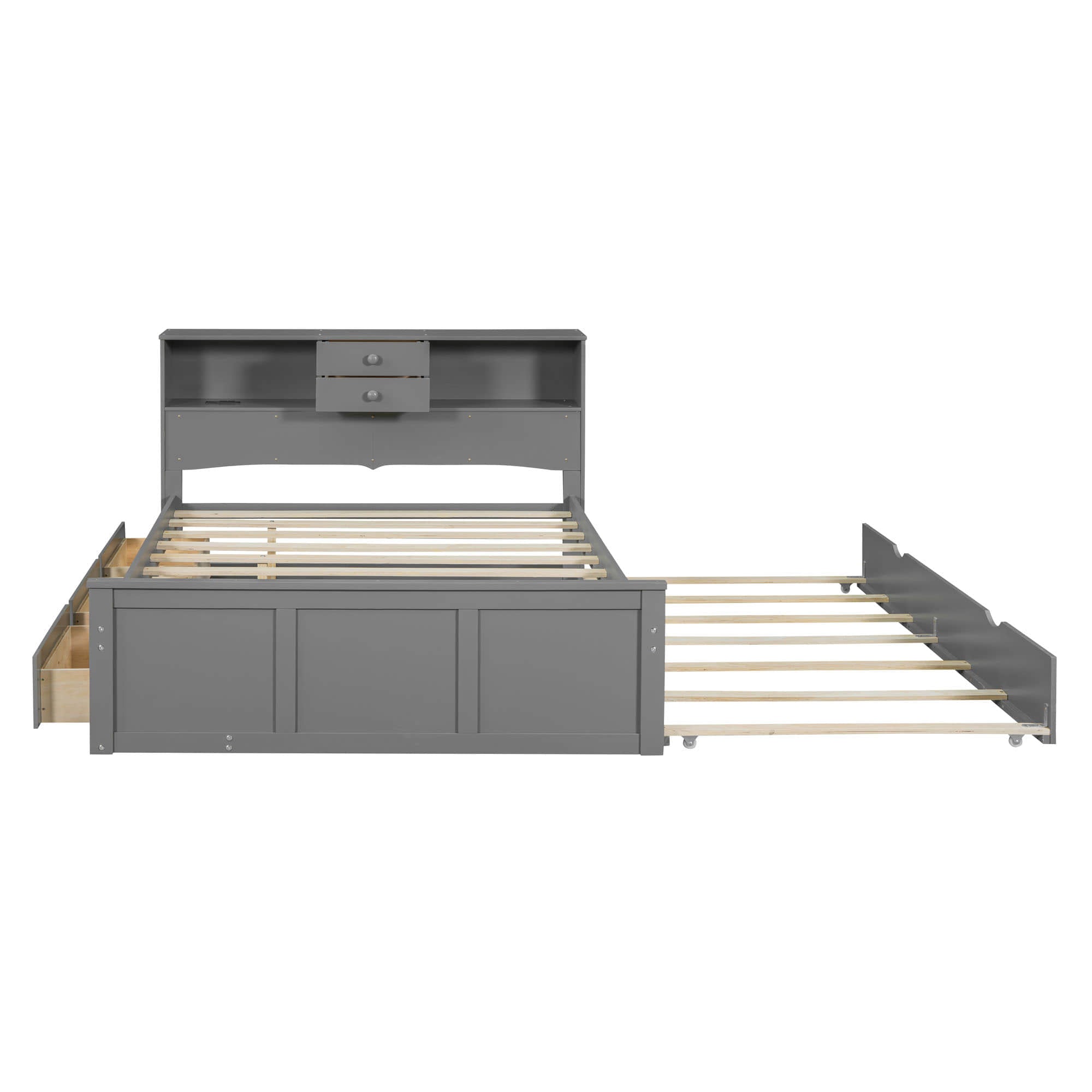 Wood Smart Full Platform Bed with Twin Trundle and Storage Headboard