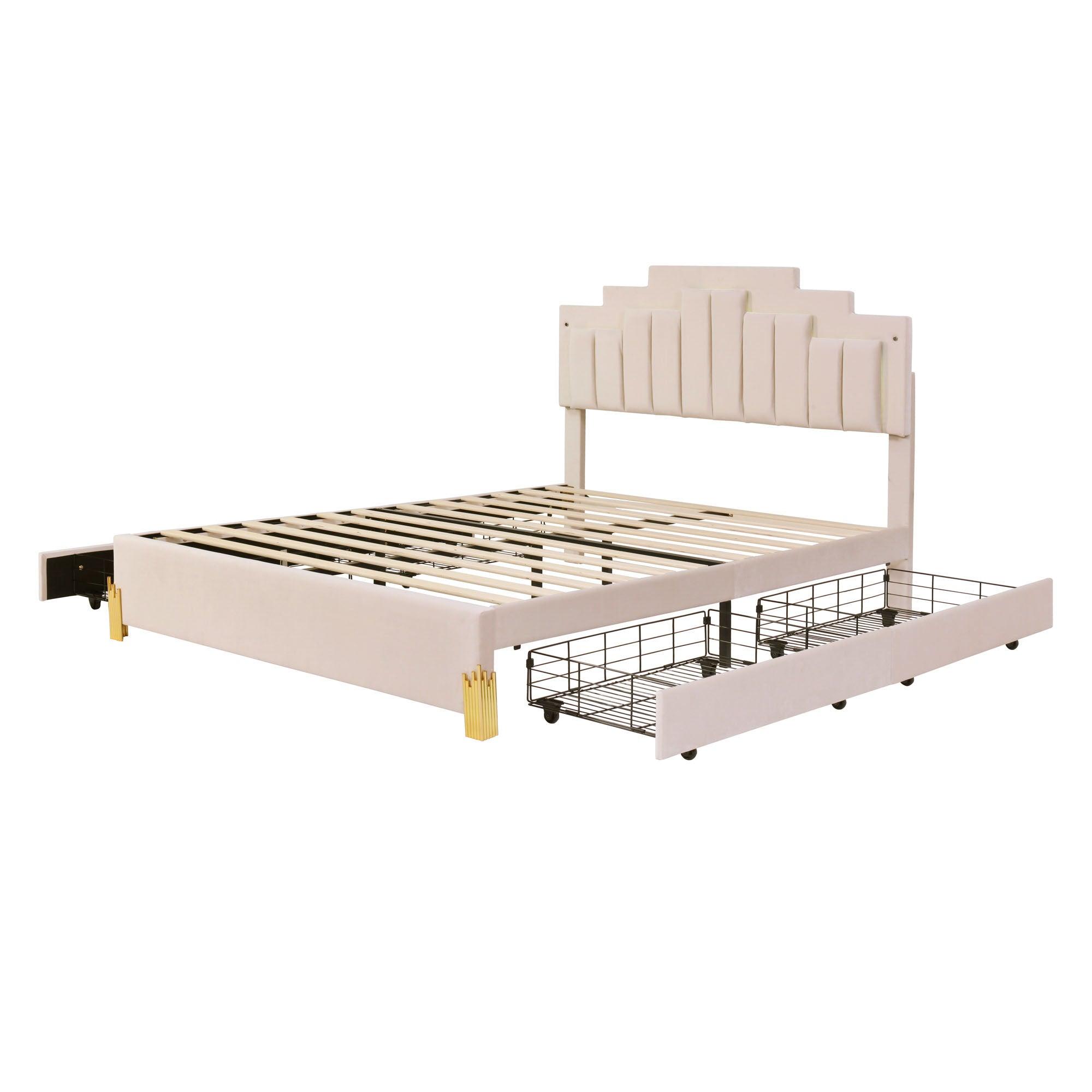 Upholstered Platform Queen Bed Frame with Headboard and LED Lights