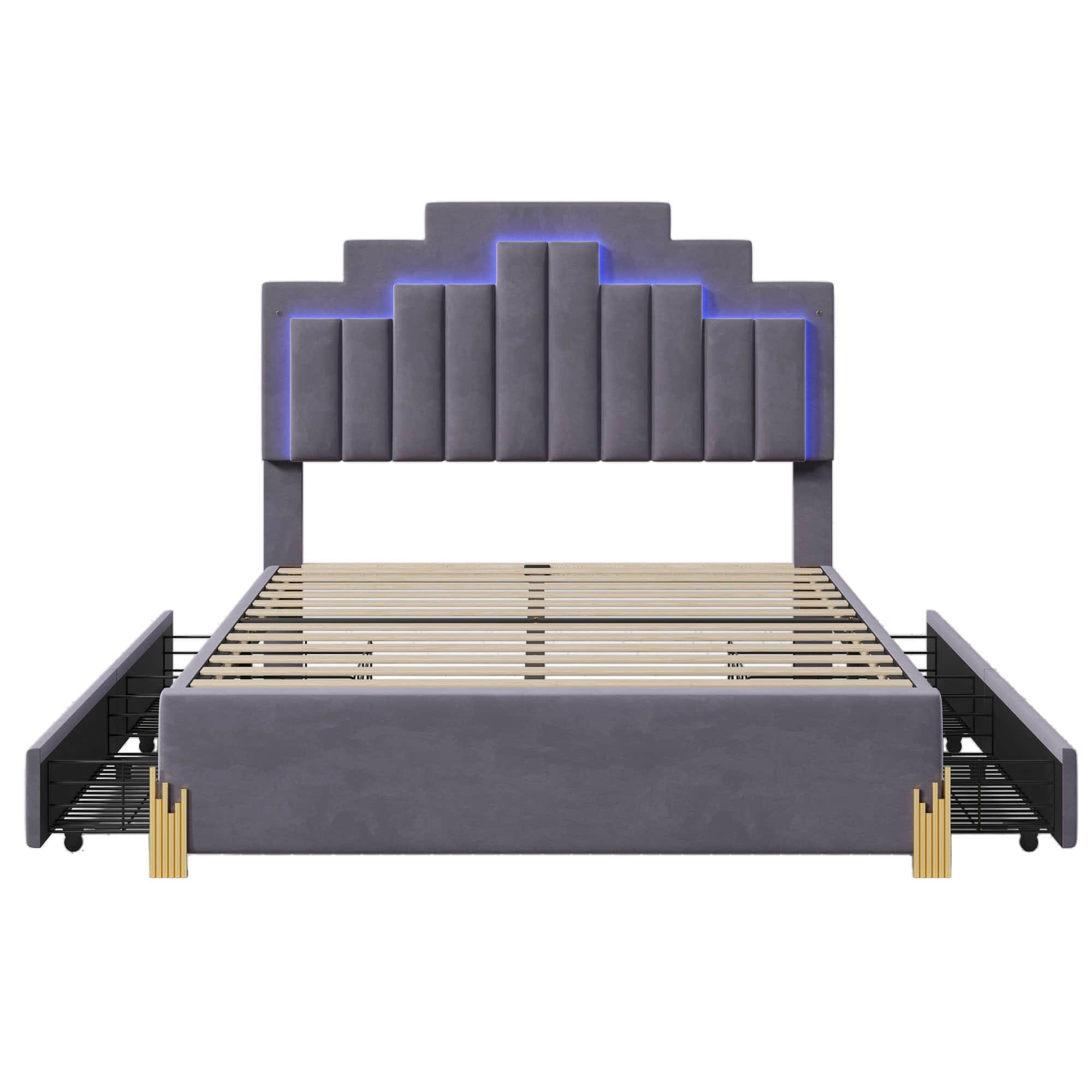 Upholstered Platform Full Size Bed Frame with Headboard and LED Lights