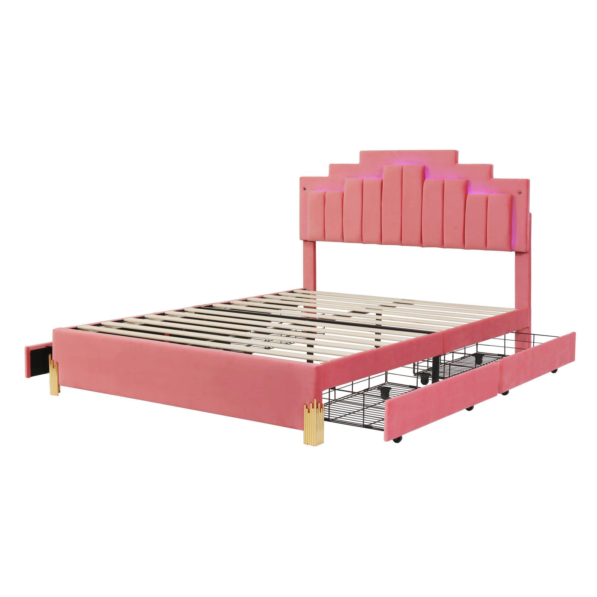 Upholstered Platform Queen Bed Frame with Headboard and LED Lights