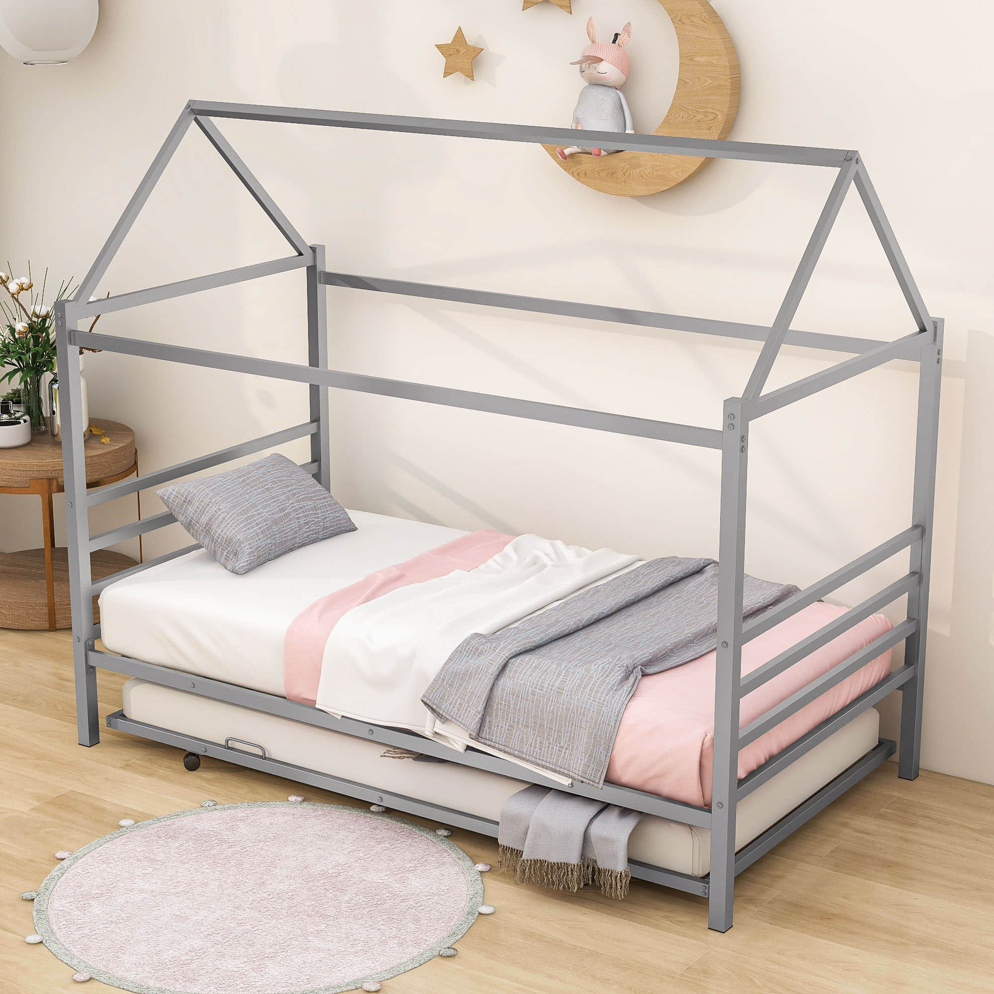 Metal Twin House Bed Frame with Twin Trundle Bed and Headboard